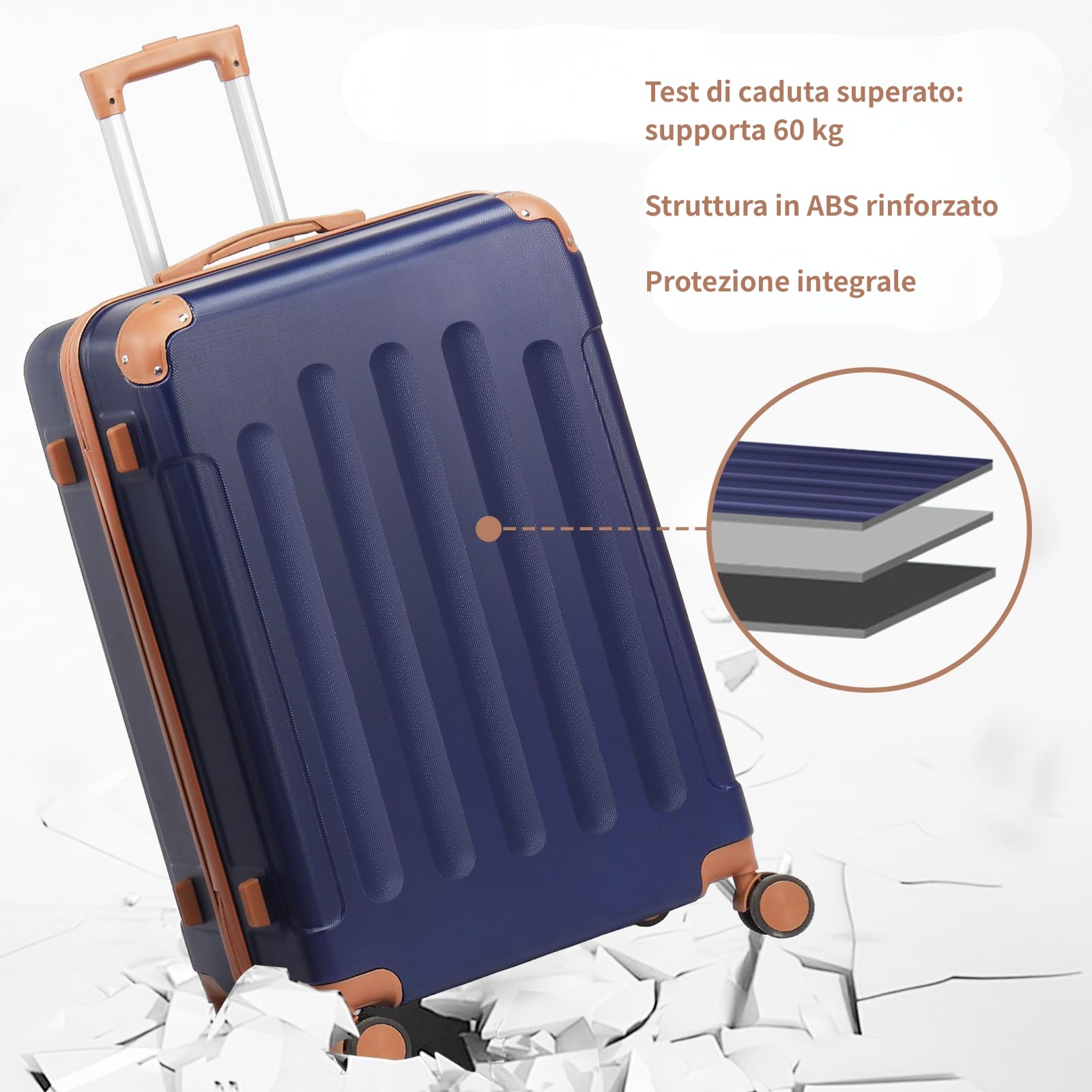 LEADZM Set di Valigie Rigide 4 Pezzi con Beauty Case (Blu Navy-Marrone) | Set Valigie con Rinforzi Angolari, Luggage Suitcase Grande 23 kg in ABS