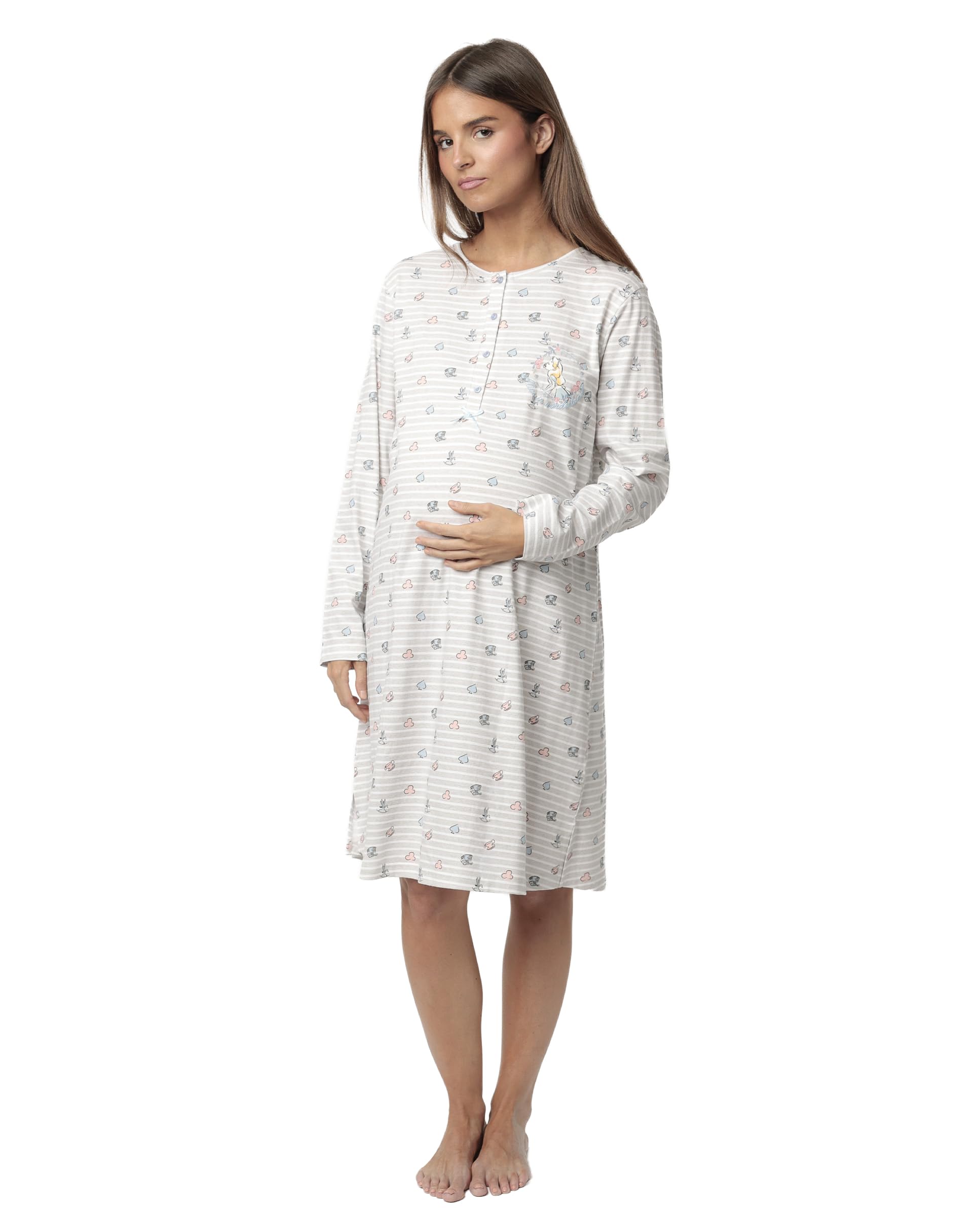 Disney camisón Mujer Invierno 50% algodón, 50% Viscosa – camisón Manga Larga con Tapeta y Botones, Detalle en Relieve y Raya Estampada, Punto Suave y caída cómoda, Gris Jaspe, Talla XXL