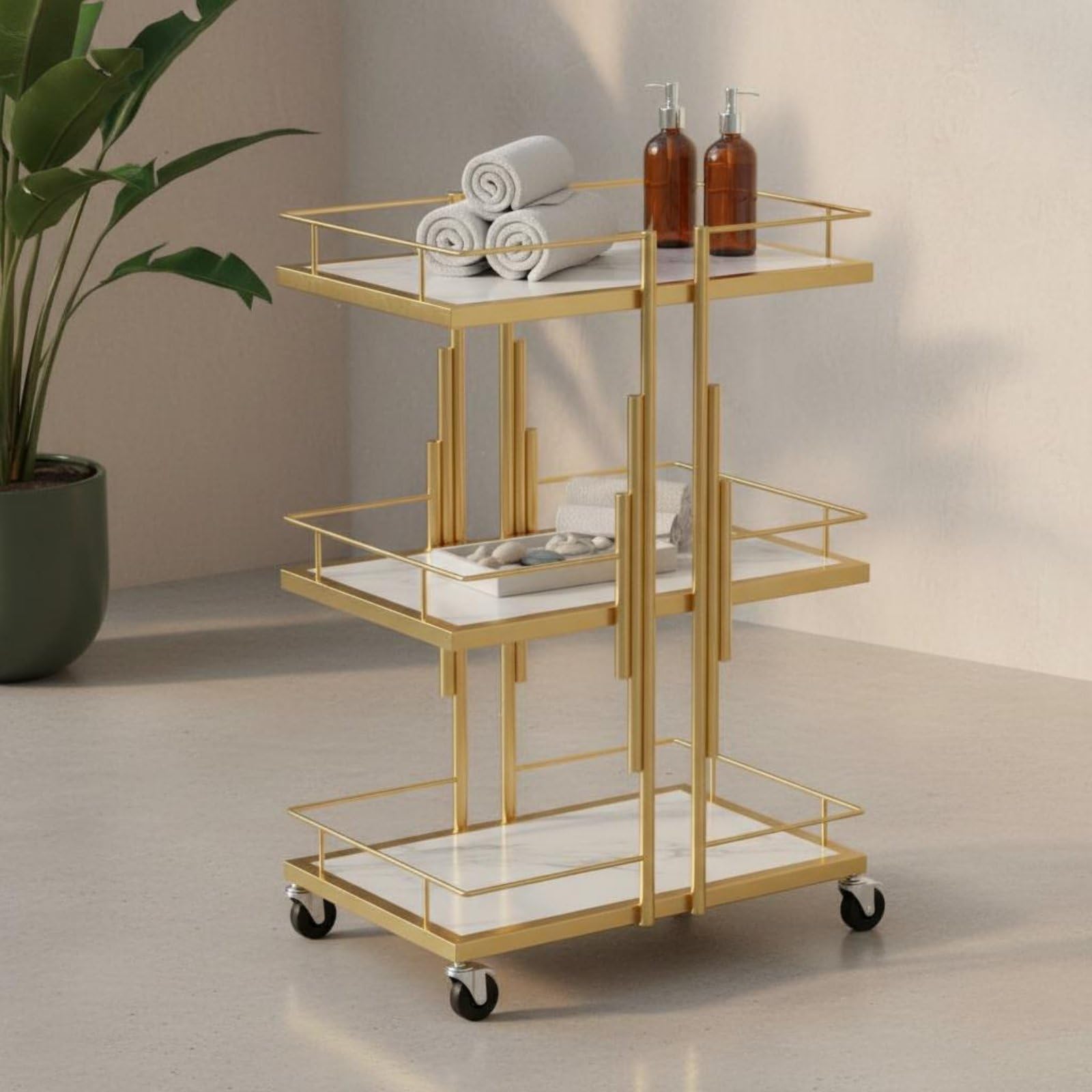 Carro de Salón con Niveles Mueble Organizador Metálico Estantes Imitación Mármol Ruedas Giratorias Suaves Adecuado para Centro de Estética Barbería Dormitorio, Plata