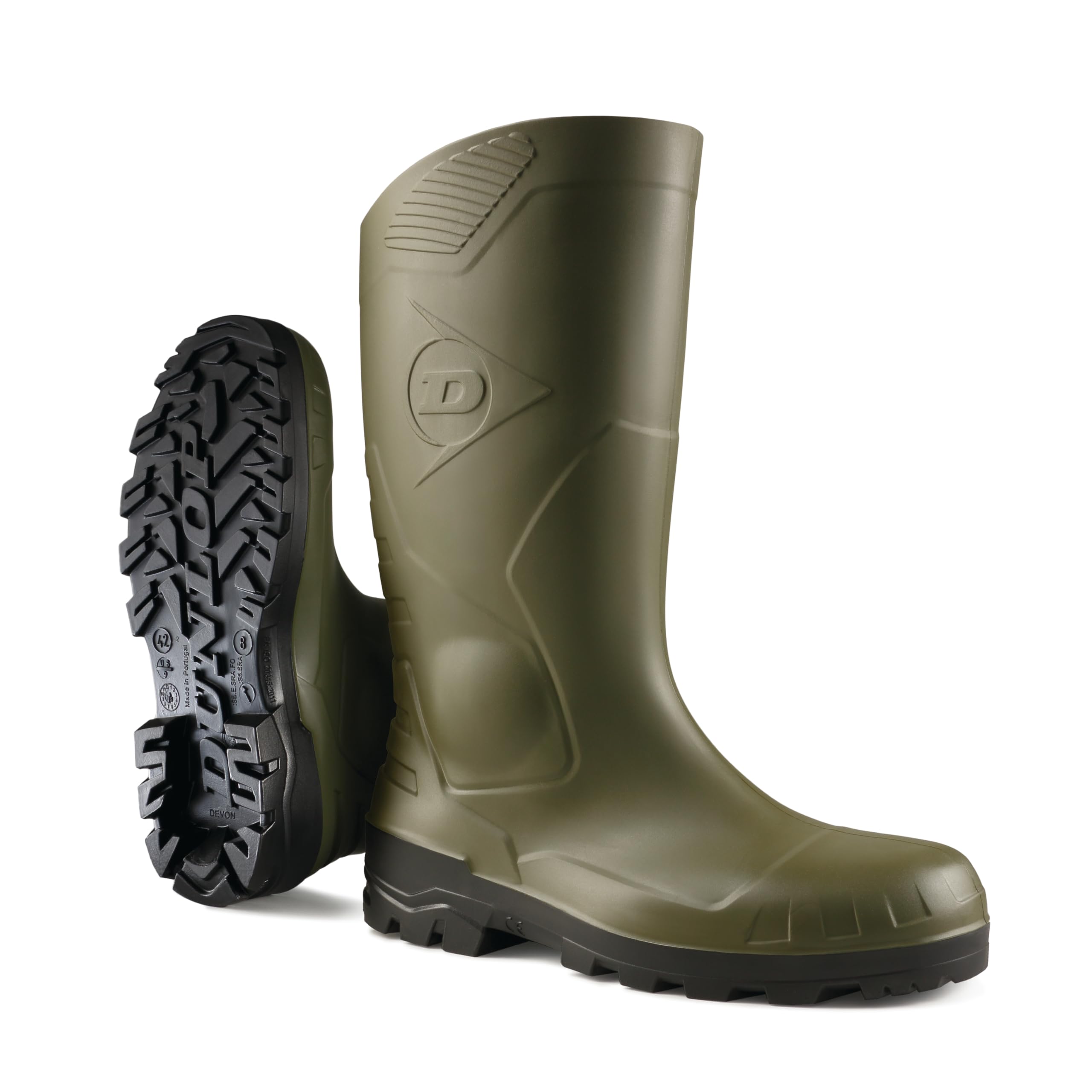 DUNLOP Devon - Unisex Full Safety Waterproof Wellington Work Boots, Green, S5 Certified Antistatic and Chemical Resistant PVC Wellies with Steel Toecap for Industrial and Farm Work - EU42, UK8