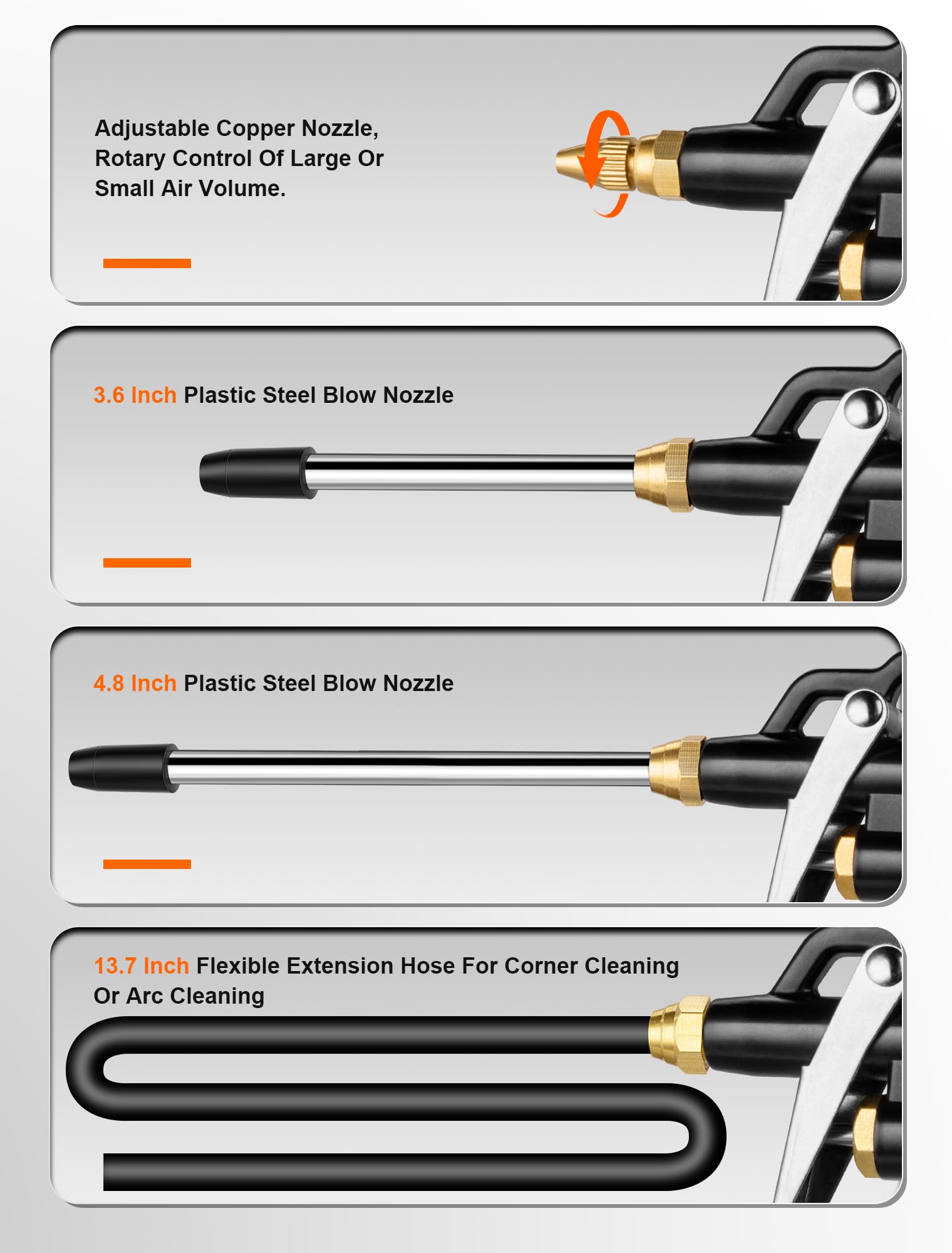 Brass Industrial Air Blower with Adjustable Nozzle, Universal Blow Hose & Steel Extensions - Air Compressor Dusting Tool