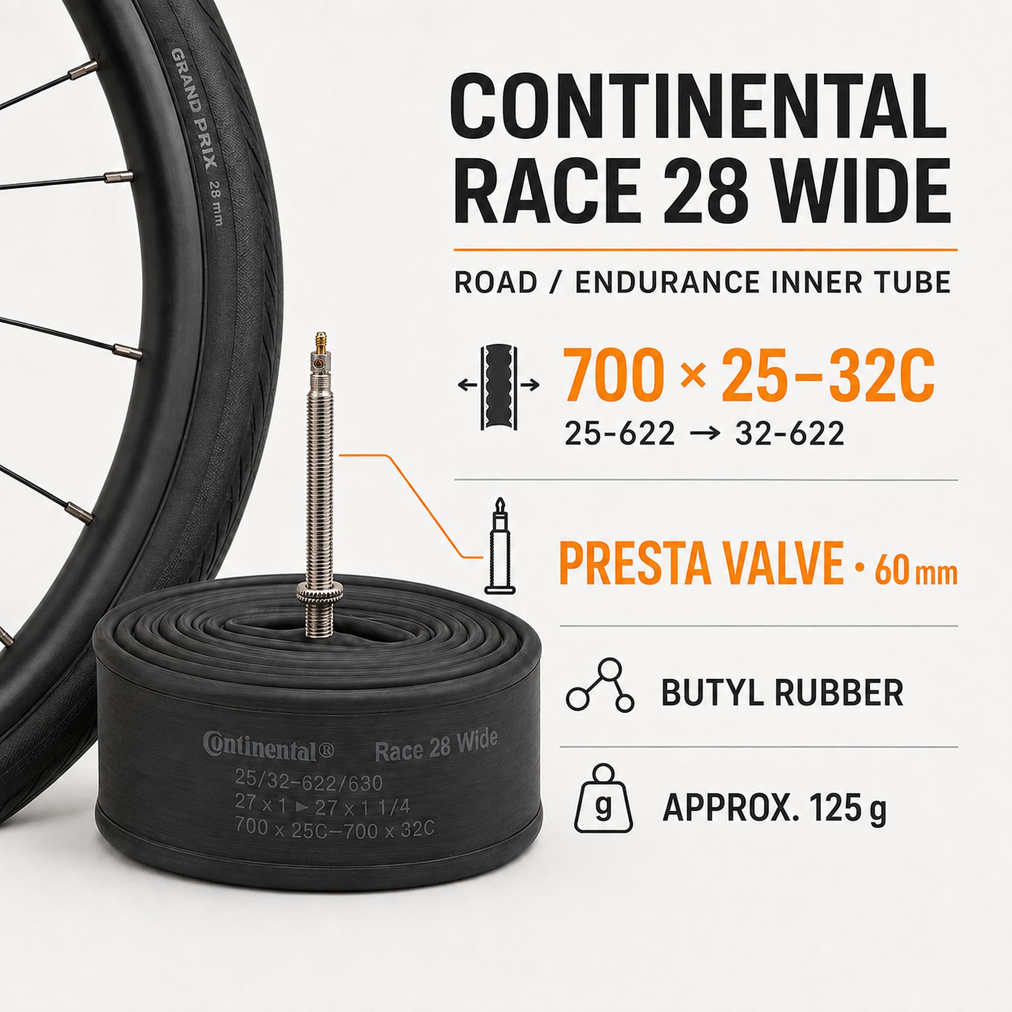Continental. Race Lot de 4 Chambres à air de vélo 700 x 25-32c Valve Presta 60 mm avec Autocollant Conti en Bonus