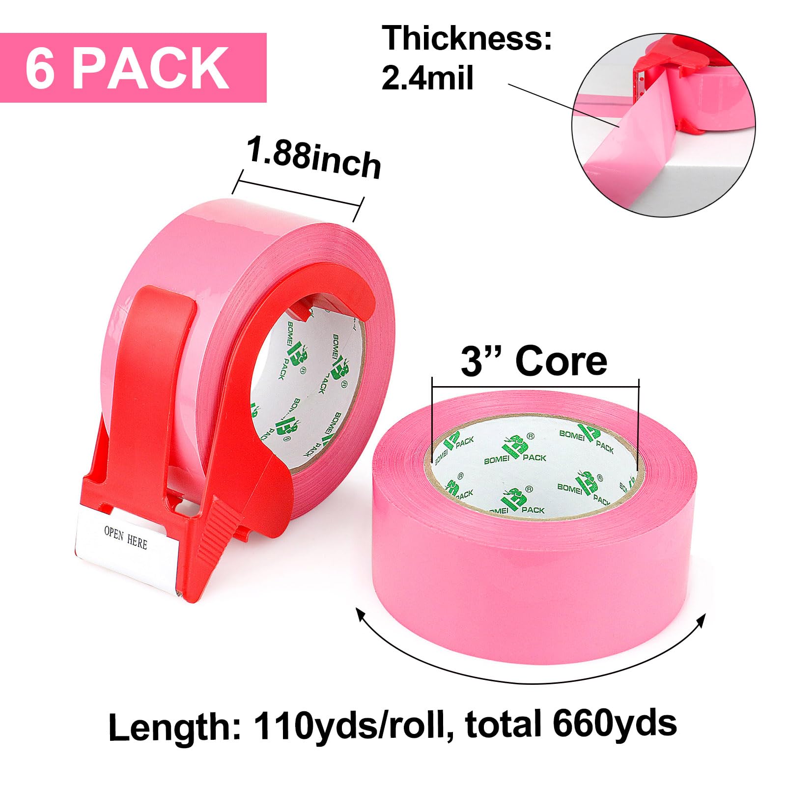 BOMEI PACK Nastro da imballaggio rosa con dispenser, 2,4 mm, 4 cm x 100 m, 6 rotoli di ricarica nastro per imballaggio, scatola di colore rosa, per traslochi, spedizioni, spedizioni e stoccaggio