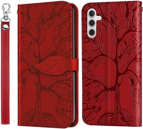 Miniatura 8 de Funda para Samsung Galaxy A24 4G, Samsung A25 5G, piel sintética de alta calidad con diseño de árbol en relieve, función atril, ranuras para