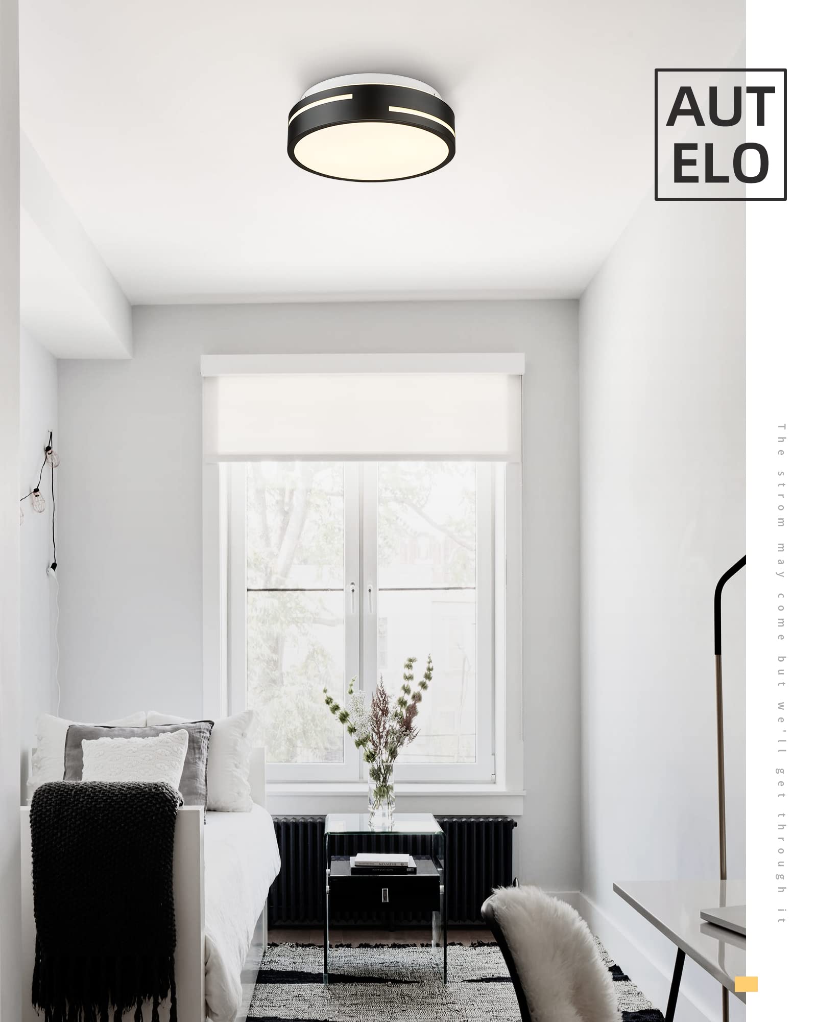 AUTELO Black Ceiling Light, 12" Industrial Flush Mount Ceiling Light, 2-Light Ceiling Light Fixture in Metal Finish with Frosted Glass Shade, Light Fixtures Ceiling Mount for Bedroom, C3871 BK E26