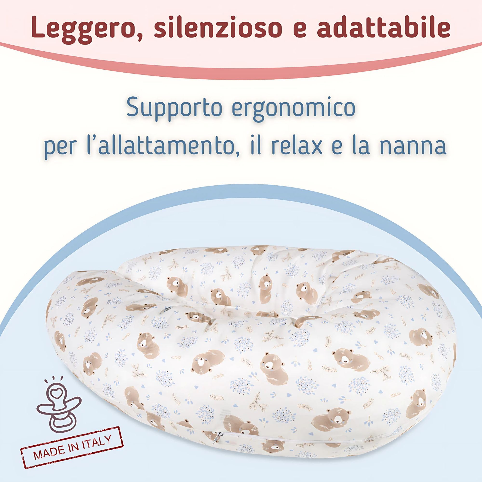 baby idea - Babysanity Cuscino Gravidanza per Dormire e Allattamento – Supporto per Neonato - Forma Ergonomica XXL - Federa Sfoderabile e Lavabile 100% Cotone – Made in Italy (Orsetto Azzurro)