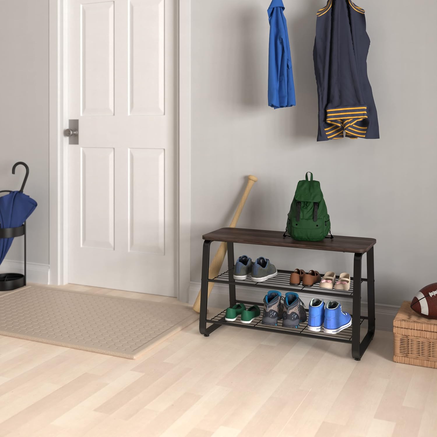 ClosetMaid 3-Tier Shoe Rack Bench - Metal Frame, Wire Shelves, Wood Seat - Entryway, Hallway, Living Room, Mudroom Organizer - Modern Walnut Finish
