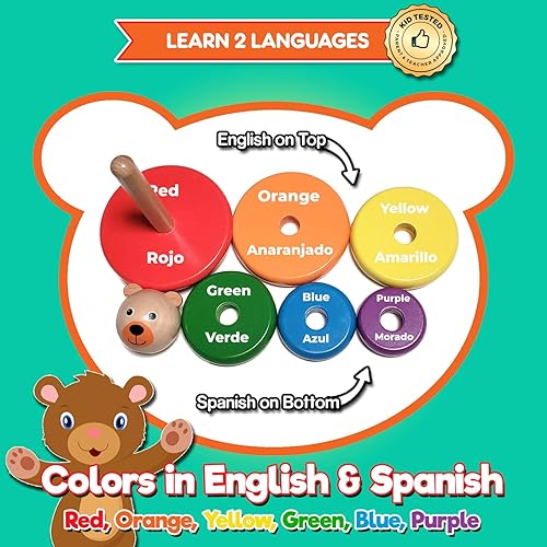 Miniatura 3 de Juguetes para bebés anillos apilables de madera juguetes educativos bilingües para niños de 2 años  Aprende los colores del arco iris en inglés y