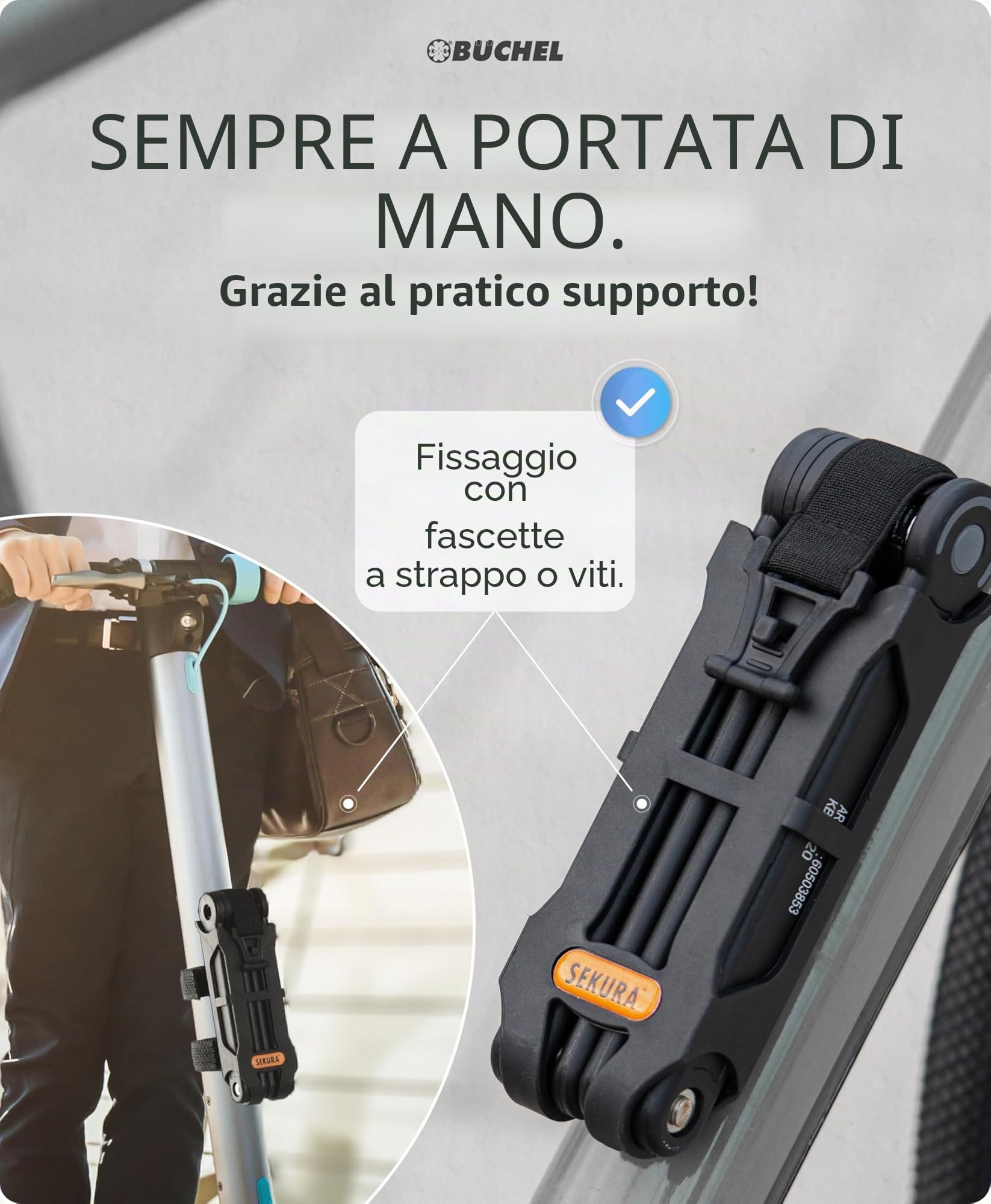 BÜCHEL Sekura Lucchetto Bici 85 cm – Catena Antifurto in Acciaio Temperato per E-Bike, Moto, Bicicletta con Supporto e 3 Chiavi