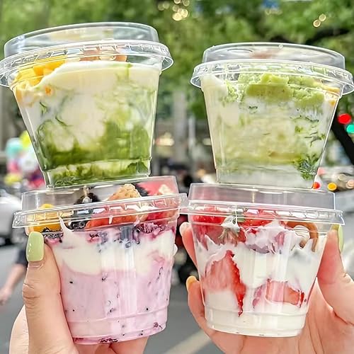 Miniatura 5 de Tisovixo Vasos transparentes de postre con tapas y cucharas, paquete de 100 mini tazas de postre de 7 onzas, taza de aperitivo de parfait, tapa
