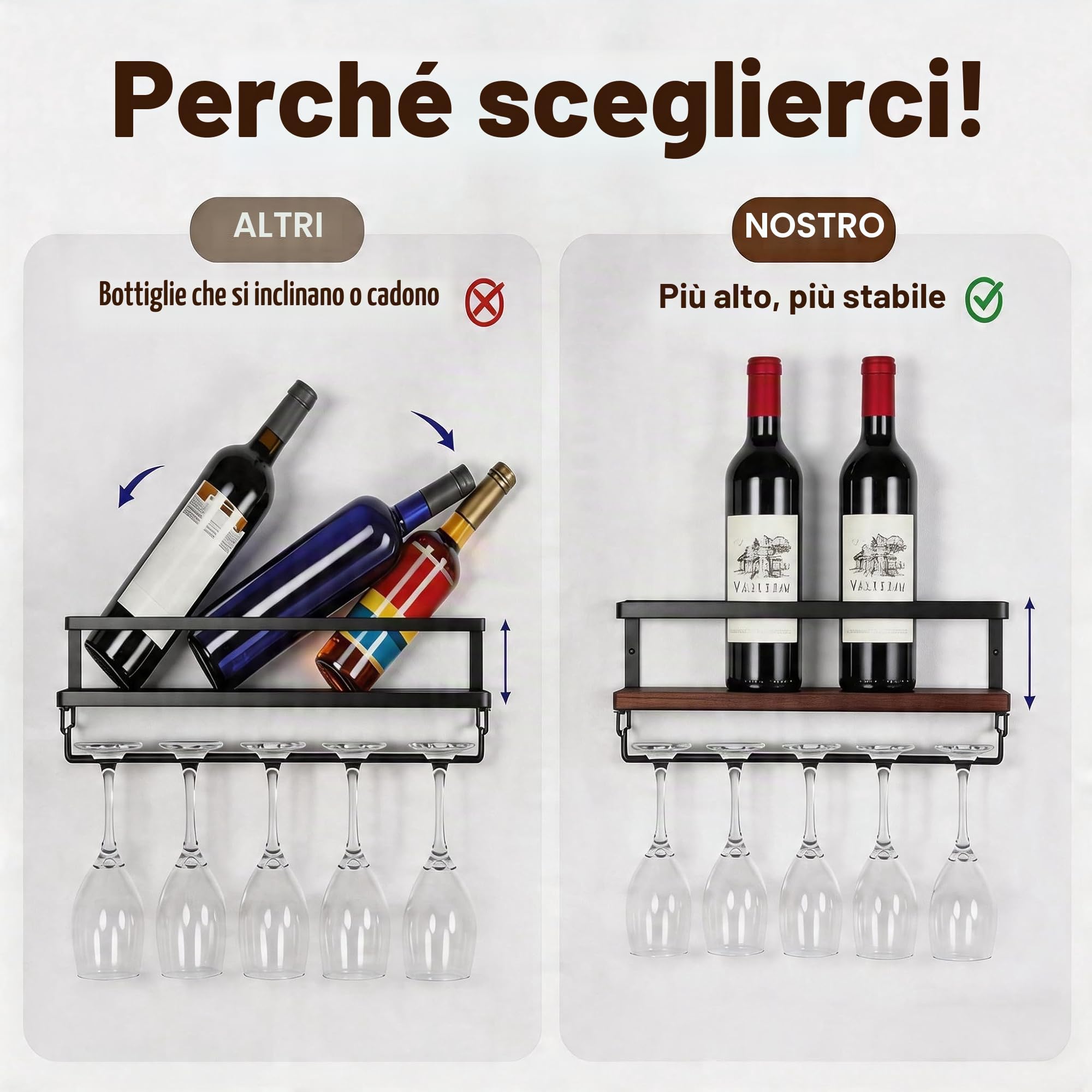 B4Life Confezione da 2 portabottiglie da parete con gancio per calici, da parete, con supporto per bicchieri, per sala da pranzo, casa, bar, cucina