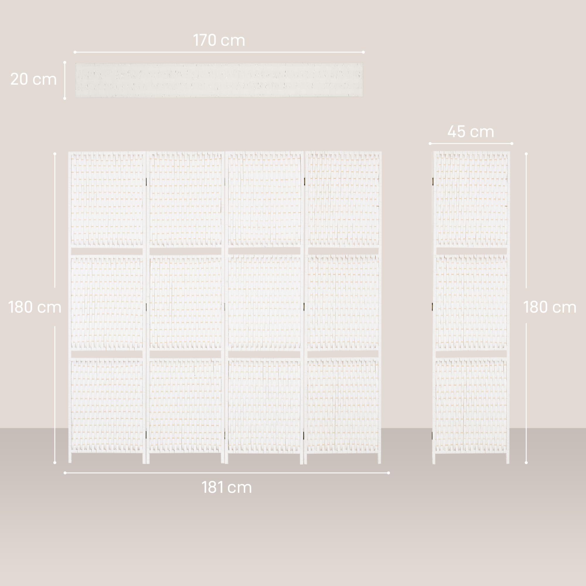 HOMCOM Paravento 4 pezzi, 181 x 180 cm, divisorio pieghevole, in legno di pino, bambù, con 2 ripiani, separatore autoportante, per camera da letto, soggiorno, ufficio, bianco