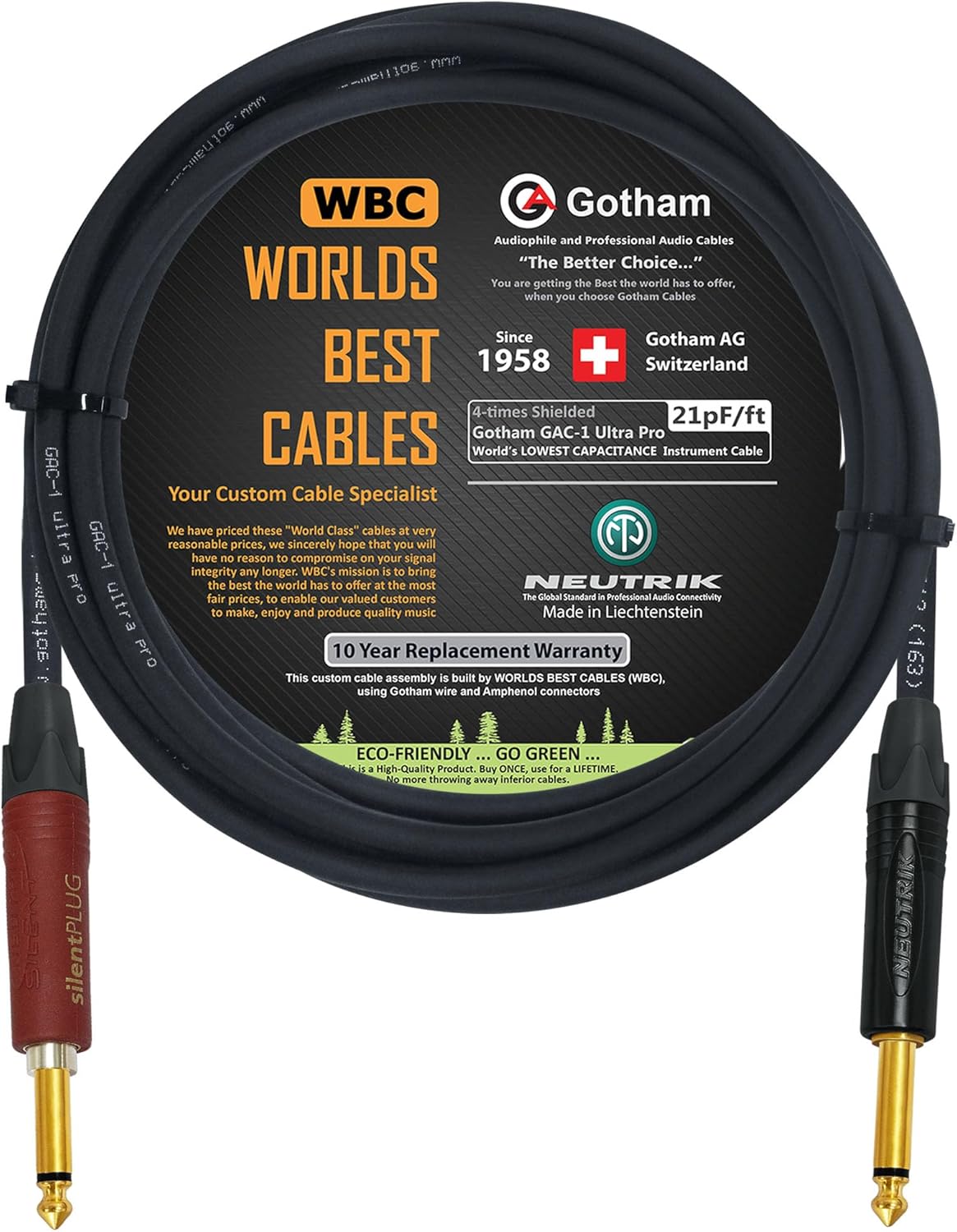 WORLDS BEST CABLES 12 Foot - Gotham GAC-1 Ultra Pro - Premium Low-Cap (21 pf/F) Guitar Bass Instrument Cable w/Neutrik Gold Straight to Straight (Silent Plug) ¼ inch (6.35mm) TS Plugs- Custom Made