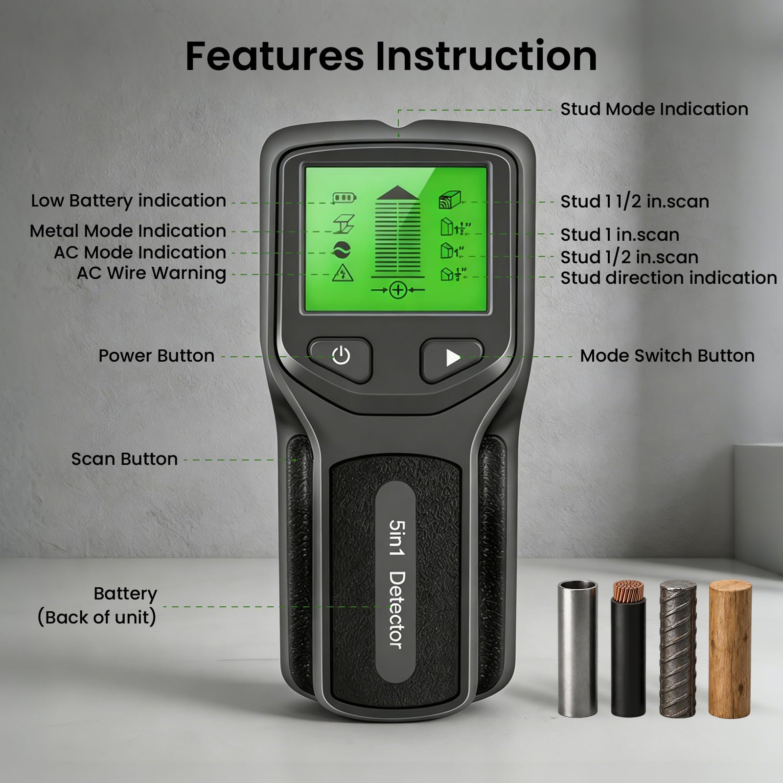 5 en1 Détecteur de Cable Électrique Mur, Detecteur de Cable Electrique avec Écran HD LCD et Alerte Sonore, Scanner Mural pour Localiser Les Métaux Chevilles en Bois Câbles Électriques CA