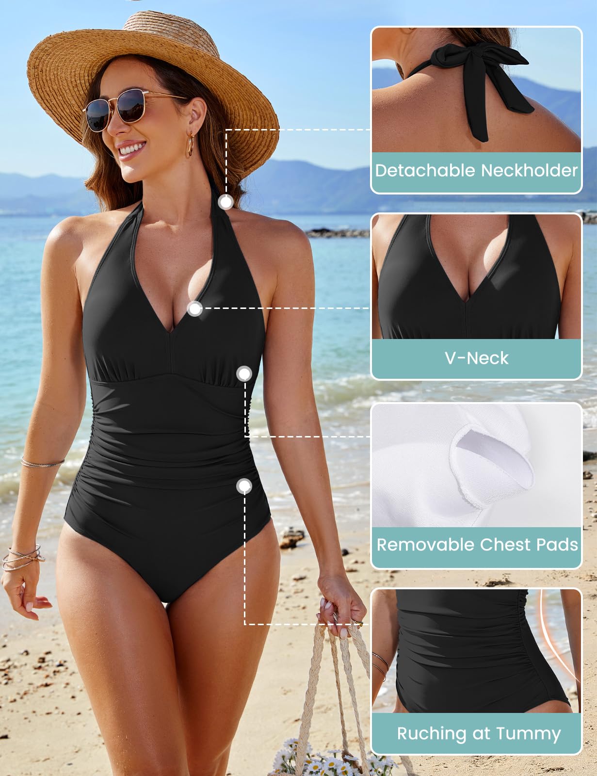 CMTOP Costume Intero Donna Contenitivo Scollo a V Costume da Bagno Push Up Imbottito Reggiseno Costumi Interi Curvy, Controllo della Pancia Vita Alta Costumi Mare Elegante Swimsuit