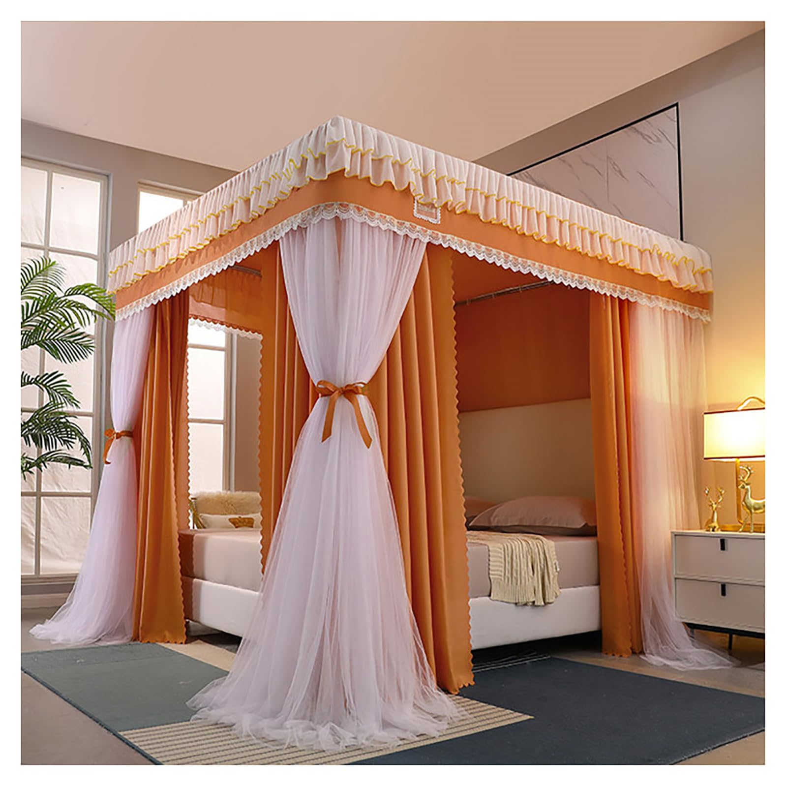 GJMSSMY 4 Poster Bed Canopy, Princess Canopy for Girls Bedroom Decor, Double/King/Super King Size, Orange