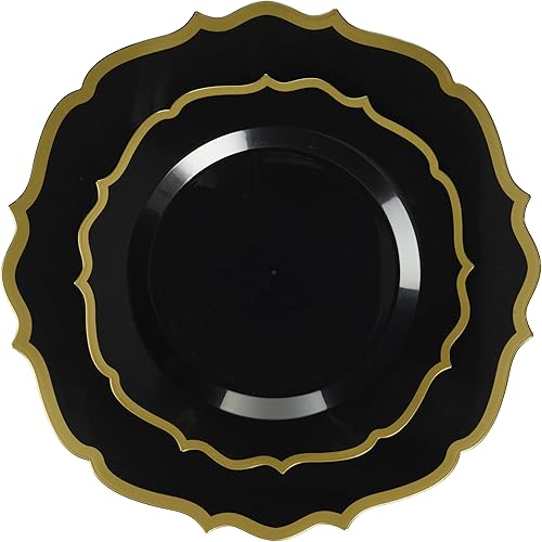 Blue Sky Juego de platos de plástico desechables contemporáneos con borde negro y dorado, 32 unidades, elegante juego de vajilla de fiesta de 7.5 y