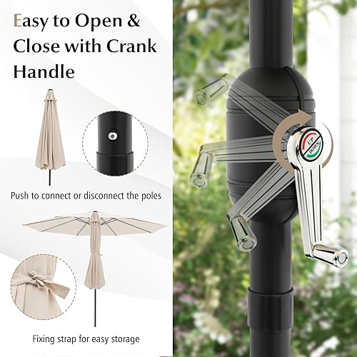 Miniatura 6 de Tangkula Sombrilla de patio de 10 pies, sombrilla de mesa de mercado al aire libre con botón de inclinación, manivela y 8 varillas resistentes,