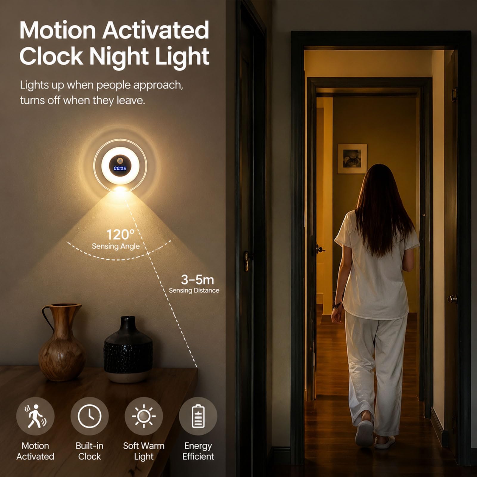 Smart LED Clock Night Light with Motion Sensor, Rechargeable Dimmable Wall Lamp with Remote, 3 Color Temperatures & 3 Lighting Modes, Digital Clock Nightlight for Bedroom Bathroom Hallway (3Set)
