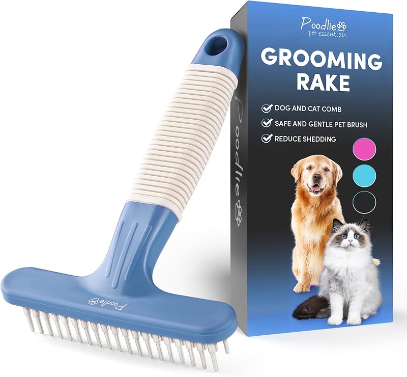 Rastelo Desembaraçador para Cães POODLIE com 2 Fileiras de Pinos em Aço Inoxidável Azul