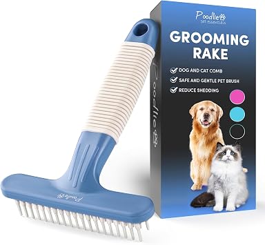 POODLIE Poodle Pet Dog Grooming Rake | Dematting Tool with Stainless Steel Shedding Comb for Pets | 2 Rows of Pins Gently Remove Loose or Tangled Hair from Undercoat Blue