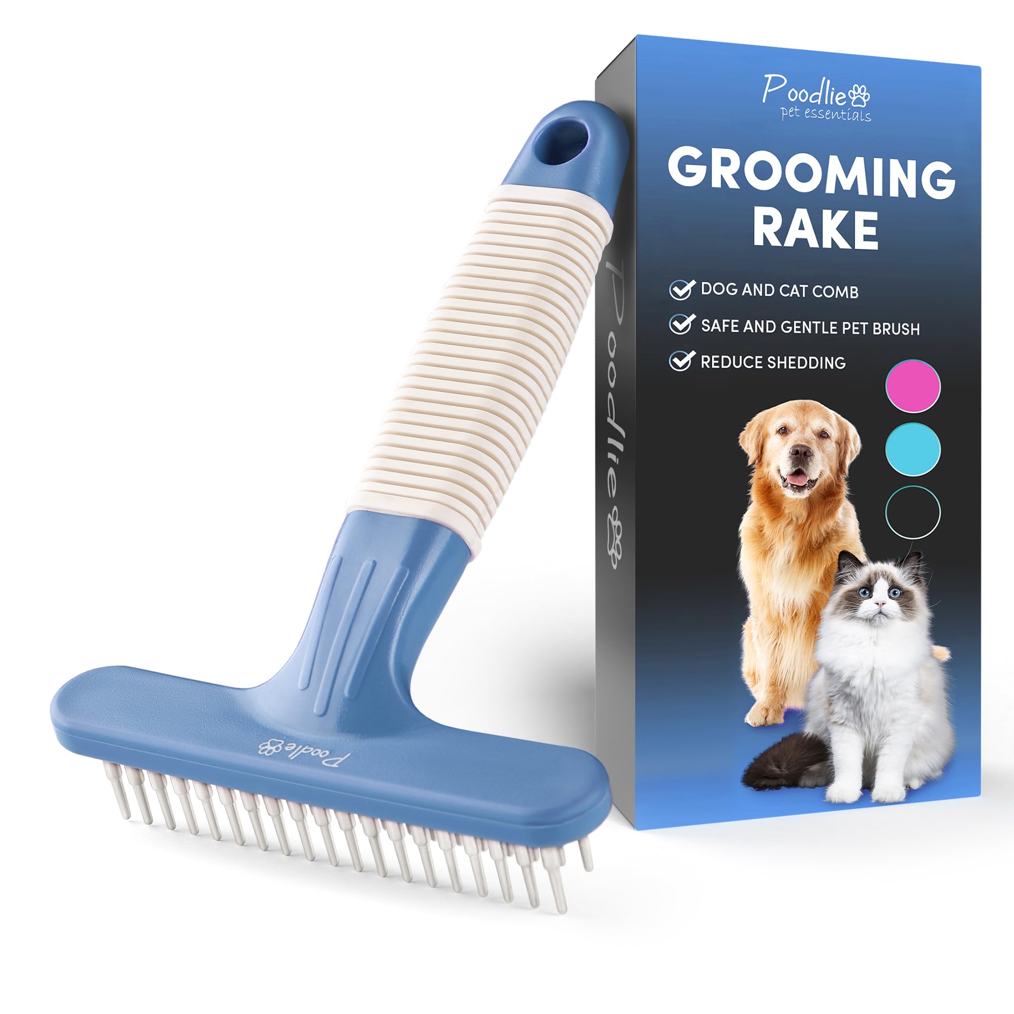 POODLIE Poodle Pet Dog Grooming Rake | Dematting Tool with Stainless Steel Shedding Comb for Pets | 2 Rows of Pins Gently Remove Loose or Tangled Hair