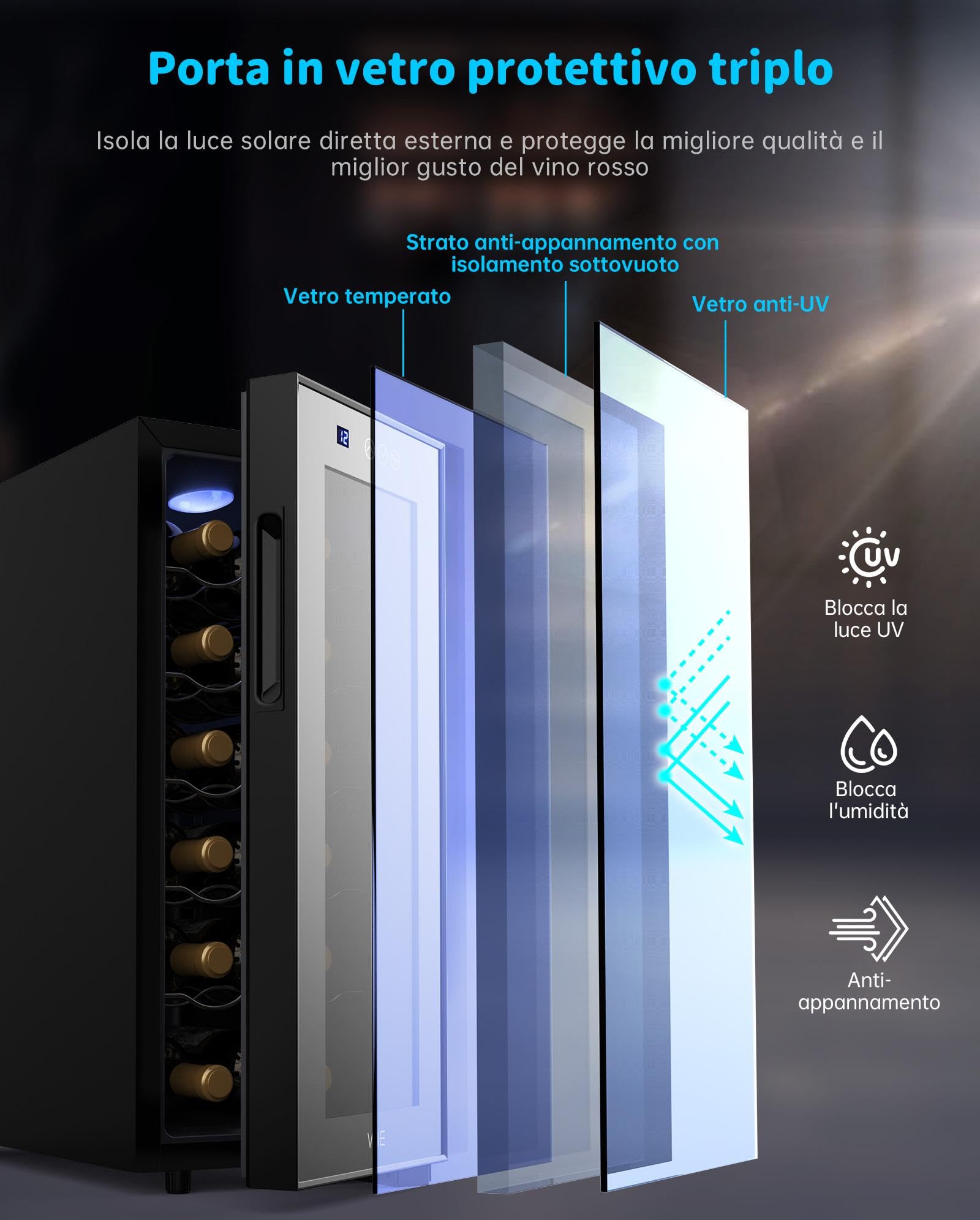 WIE Cantinetta Vino 12 Bottiglie, Raffreddamento Termoelettrico, Cantina Vino con LED Schermo tattile, Porta in Vetro a Specchio, 5 Ripiani Regolabili, Luce LED, 26 dB Basso Livello di Rumore, 33L