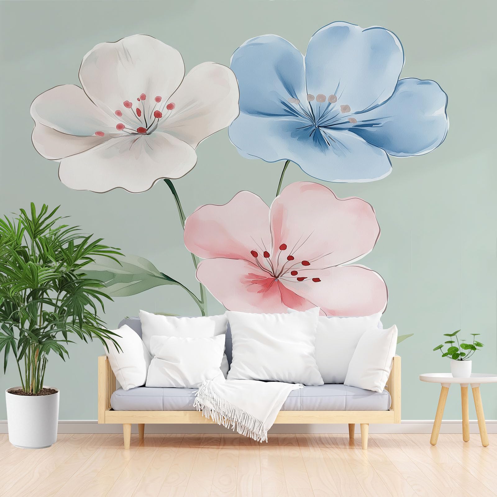 Papier Peint Frangipaniers Effet Peint à la Main Floral Vert Panoramique 3D 300x210cm