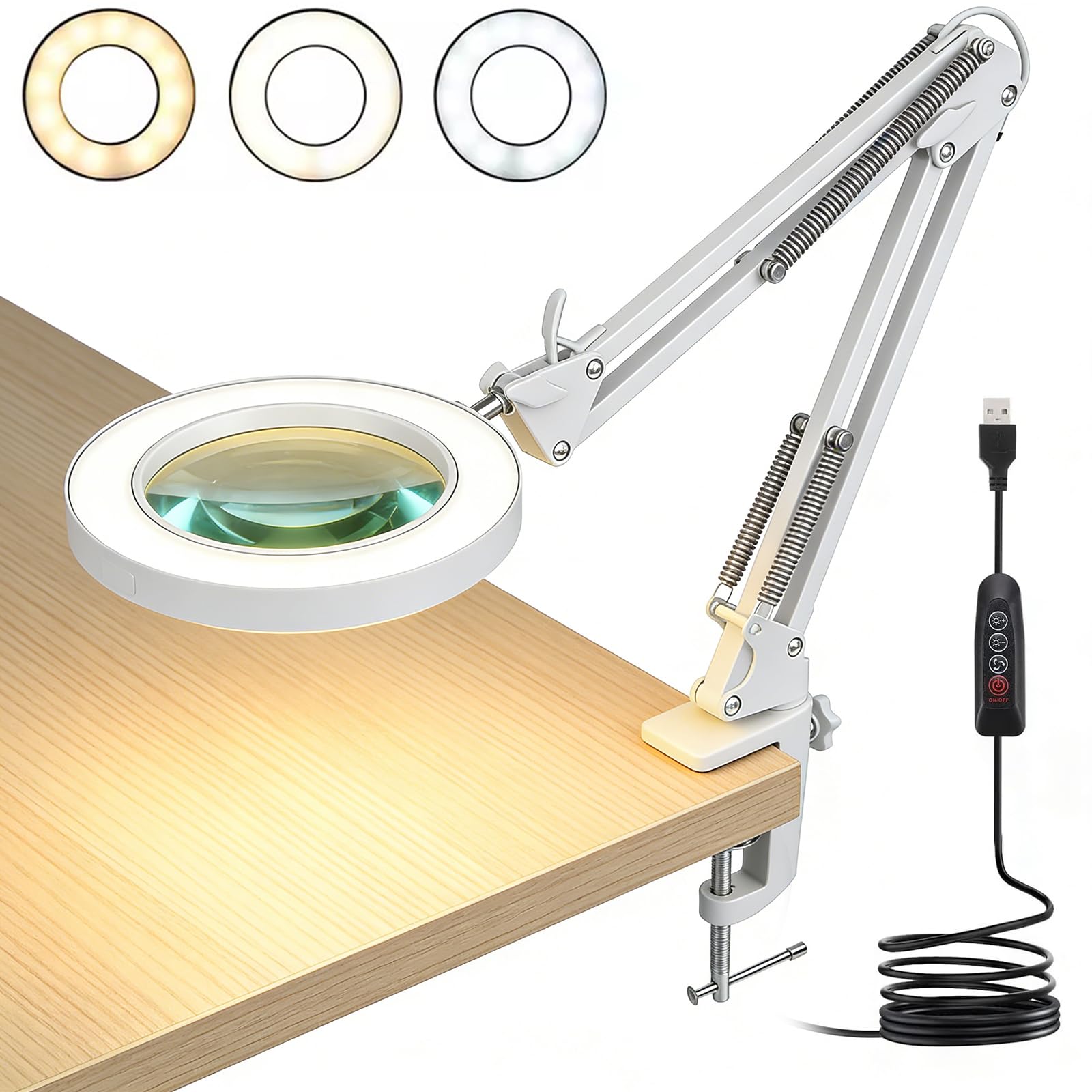 10X Magnifying Glass with Light and Stand,LED Magnifying Lamp with Clamp, 3 Color Modes & 10 Level Dimmable Light, 4.3 Inch Real Glass Lens, Adjustable Arm for Reading Craft Repair Hobbies,White