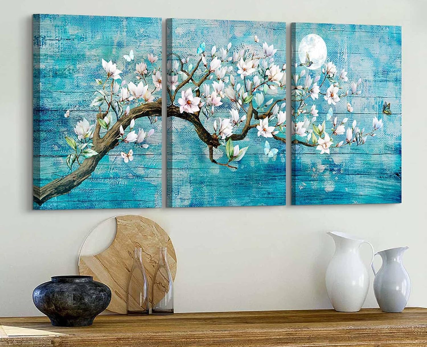 JIMHOMY Cherry Blossom Wall Decor Flower Wall Art Teal Pictures Pink Floral Moon Butterfly Poster Living Room Art Wall Paintings for Bedroom Dining Room Home Office Wall Decorations Canvas Art