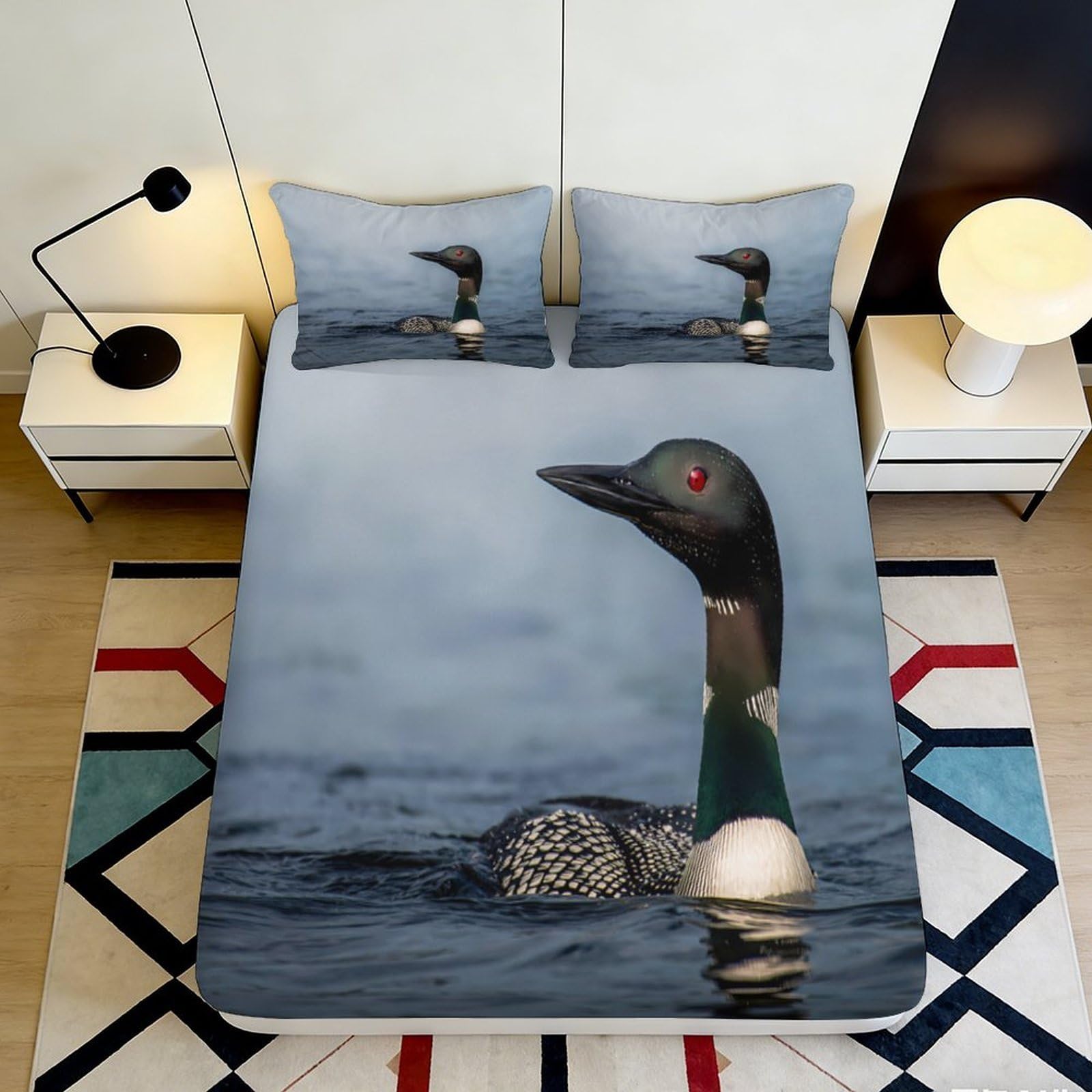 3D Printed Loon Bird Lake Fitted Sheet Microfiber Soft Breathable Water Reflection Mattress Cover Bedroom Decor 120x200x25cm