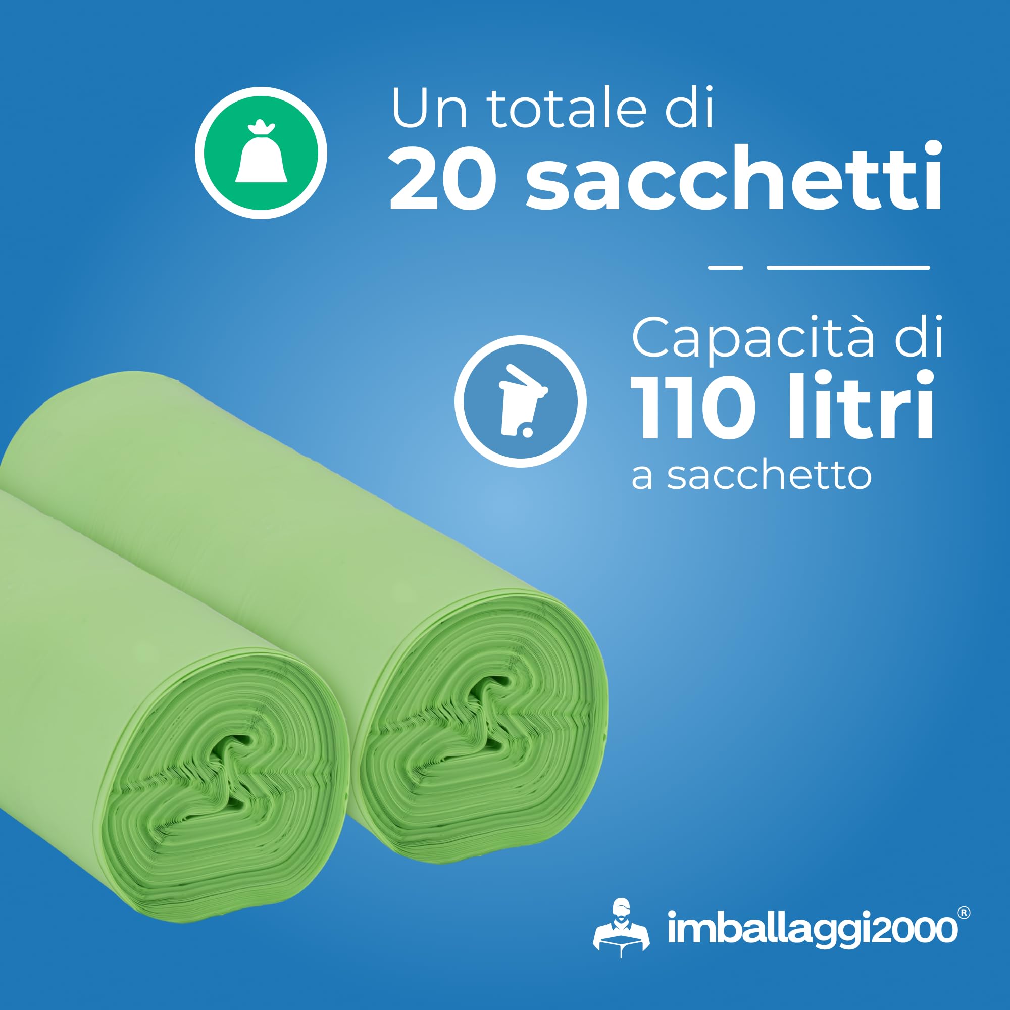 IMBALLAGGI 2000 - Sacchetti Spazzatura Organico 70x110 (110L), 10 Rotoli x 10 Sacchi Spazzatura Raccolta Differenziata Interno e Esterno, Tot 100 Sacchetti Umido Resistenti Biodegradabili Compostabili