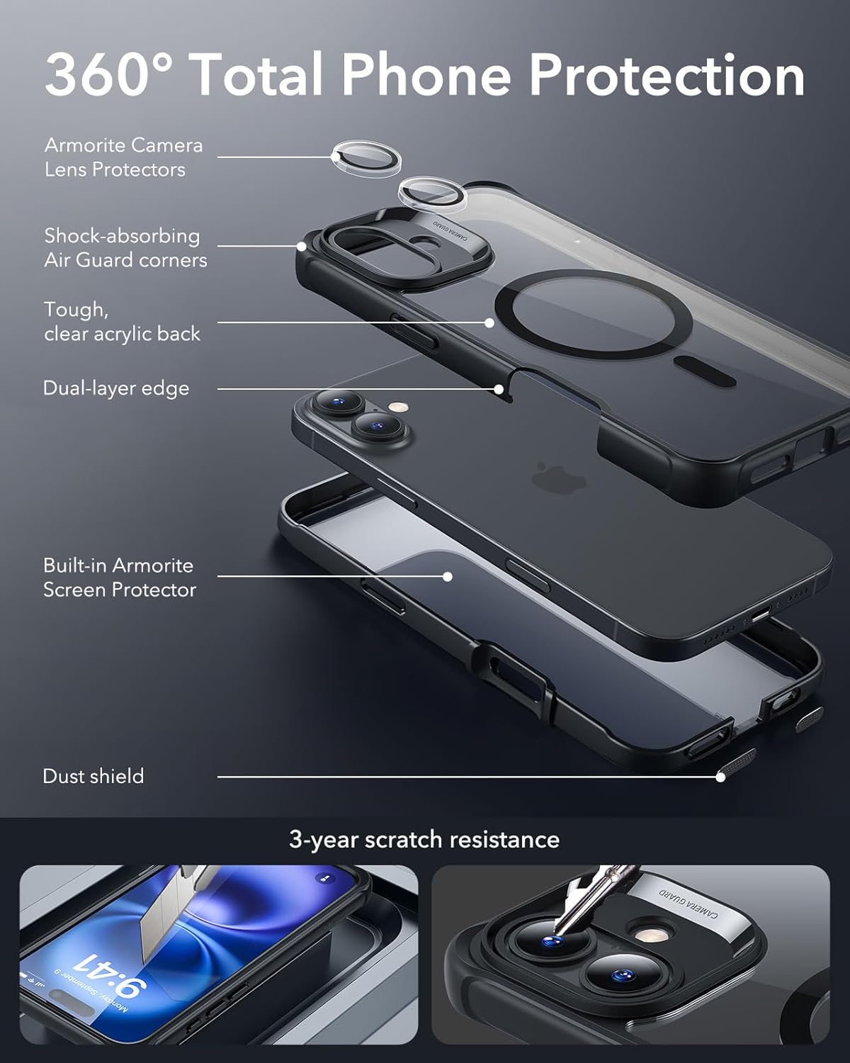 ESR for iPhone 16 Plus Case, Compatible with MagSafe, Full-Body Military-Grade Drop Proof Case with Built-in 9H+ Tempered Glass Screen Protector, Armor Series, Clear Black - Image 3
