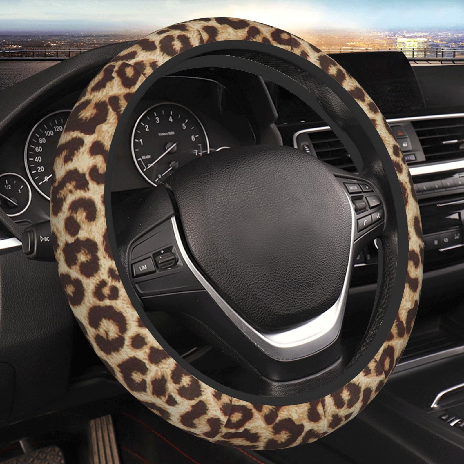 Leopard Print Steering Wheel Cover for Women Men, Universal 15 Inches Car Steering Wheel Protector Anti-Slip Sweat Absorption Car Accessories for Auto Truck SUV