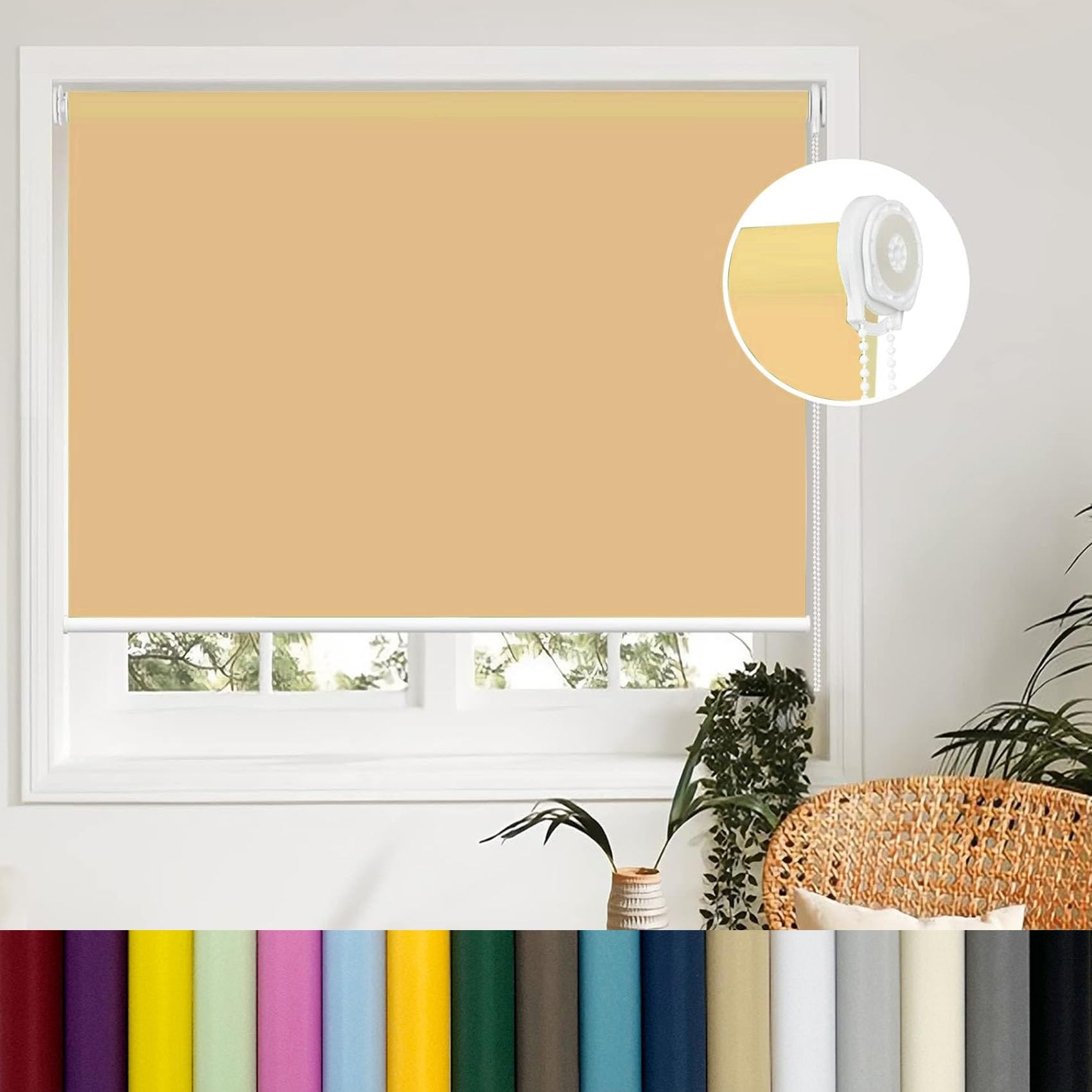 Portable Blackout Roller Blind 50 x 220 cm Thermal Insulated UV Protection Sand Yellow Privacy Screen for Window and Door Includes Install Accessories