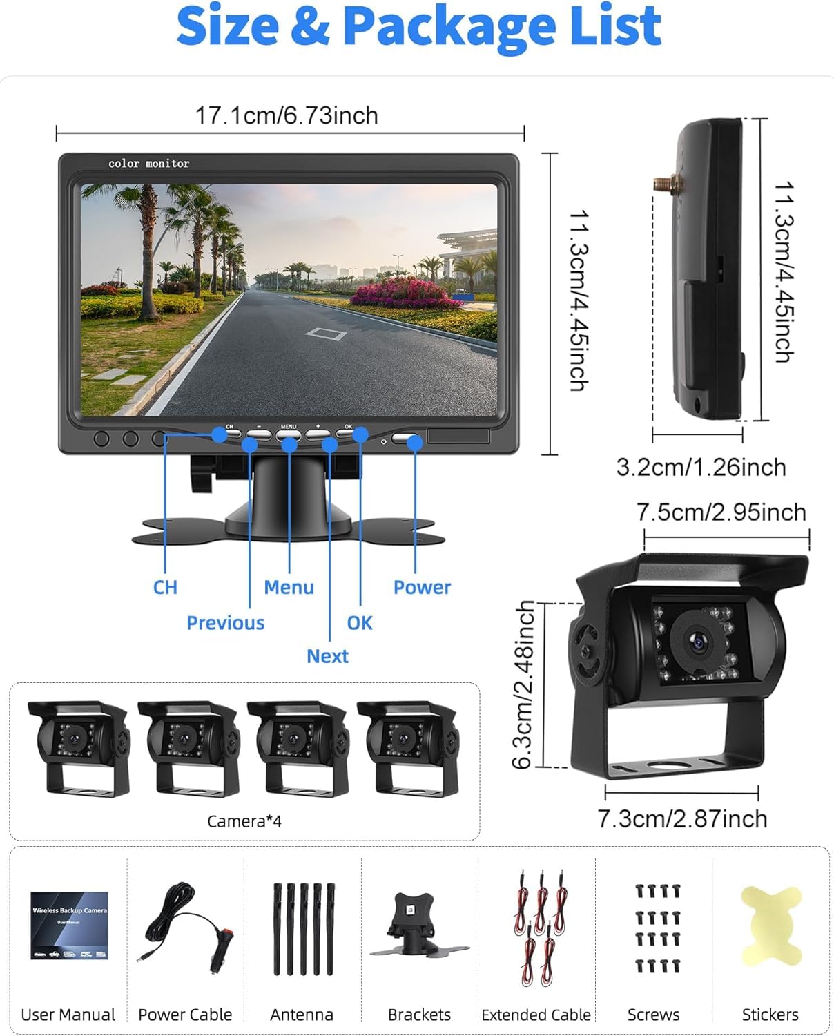 Telecamera di retromarcia senza fili 1080p per campeggio car schermo 7 pollici 4 canali visione notturna impermeabile IP69 per camion, camper, furgone, SUV, pick-up, con BSD