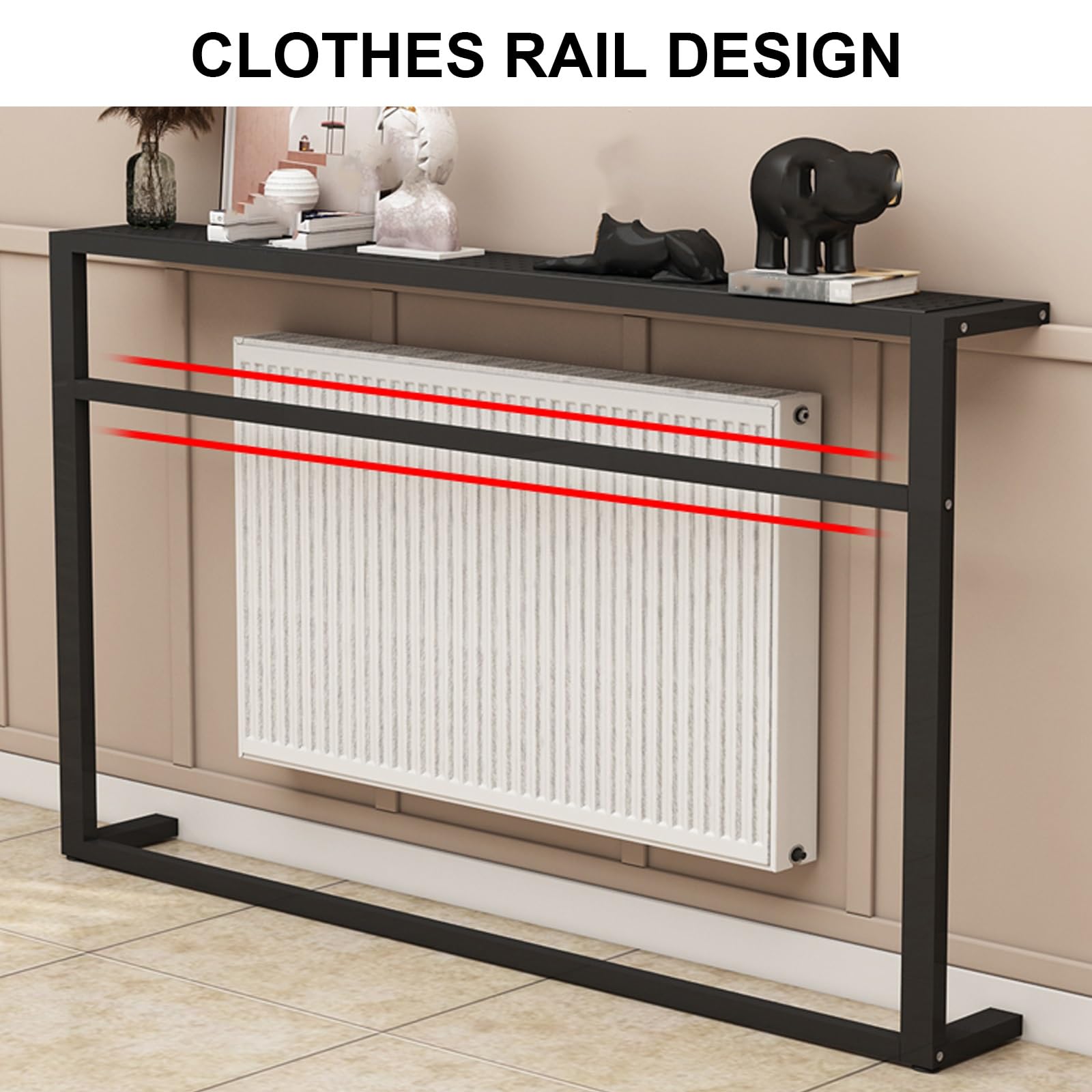 Mesa de cubierta de radiador con estante de almacenamiento, mesa consola de 2 niveles para sala de estar o baño, marco de acero estrecho con barra para ropa