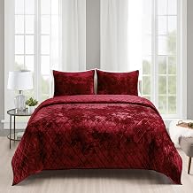 Fredsure Distressed Velvet Quilt Set, 3 Pieces Burgundy Red Queen, Distressed Velvet Face and Brushed Microfiber Reverse, with Diamond Quilting