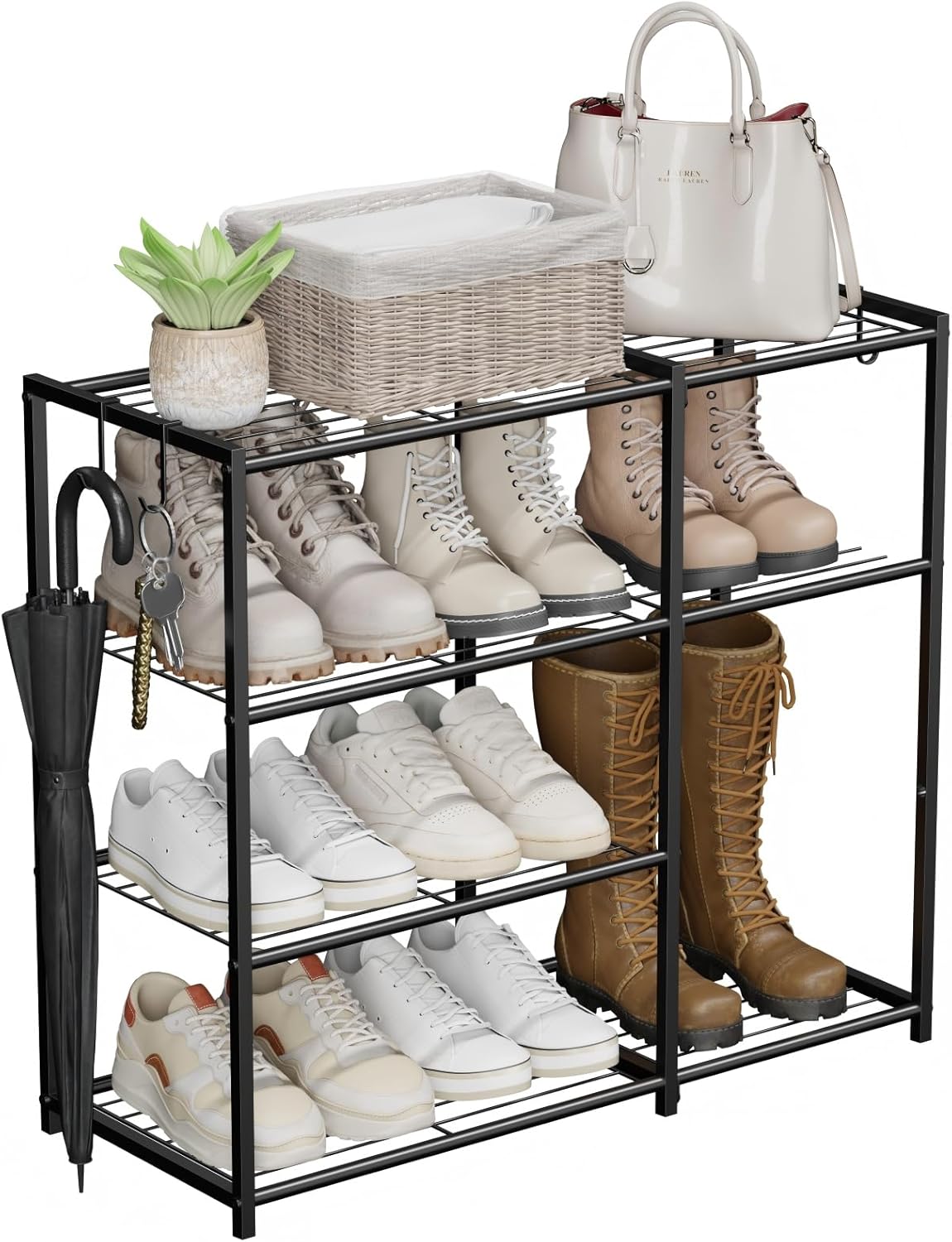 4-Tier Metal Shoe Rack, Free Standing Shoe Shelf Organizer for Entryway Closet Garage, Heavy Duty Sturdy Storage Holds 10+ Pairs Shoes & Boots, Black