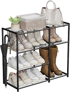 4-Tier Metal Shoe Rack for Closet, Heavy Duty Shoe Storage, 27.55" Wide | Shoe Organizer Storage Shelf with Tall Boot Space, Space Saving Free Standing Shoe Tower for Garage Bedroom Hallway, Black