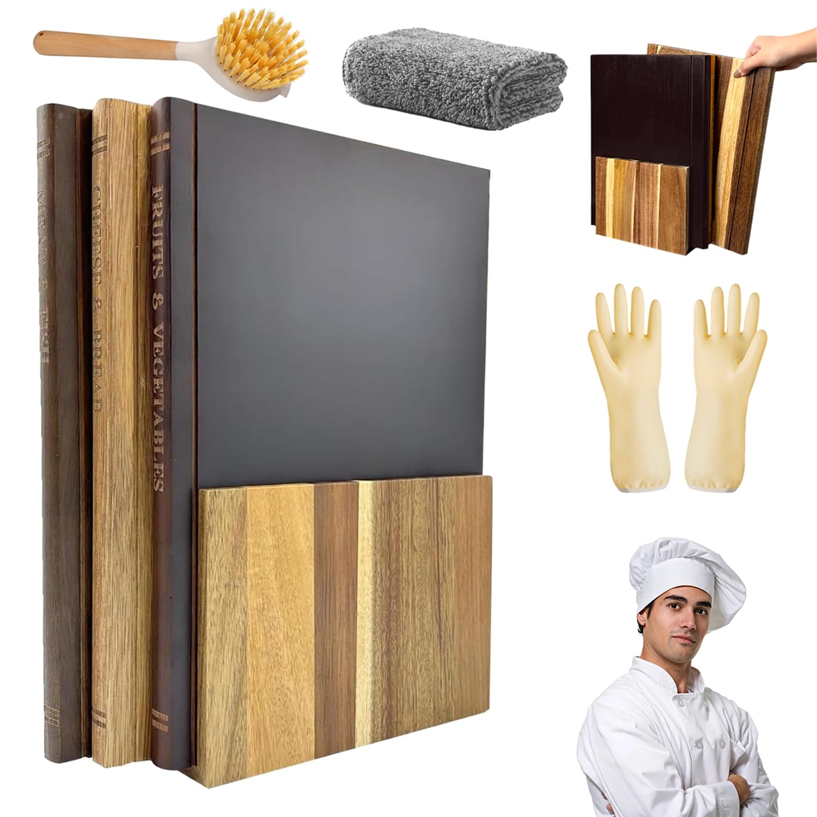Schneidebrett Holz Buchoptik, Book Cutting Board mit Ständer, Holzschneidebrett, Das Sieht aus wie Bücher, Geeignet für Käse, Brot, Fleisch und Gemüse (Dreiteiliges Set + Ständer (3 * Schneidebrett))