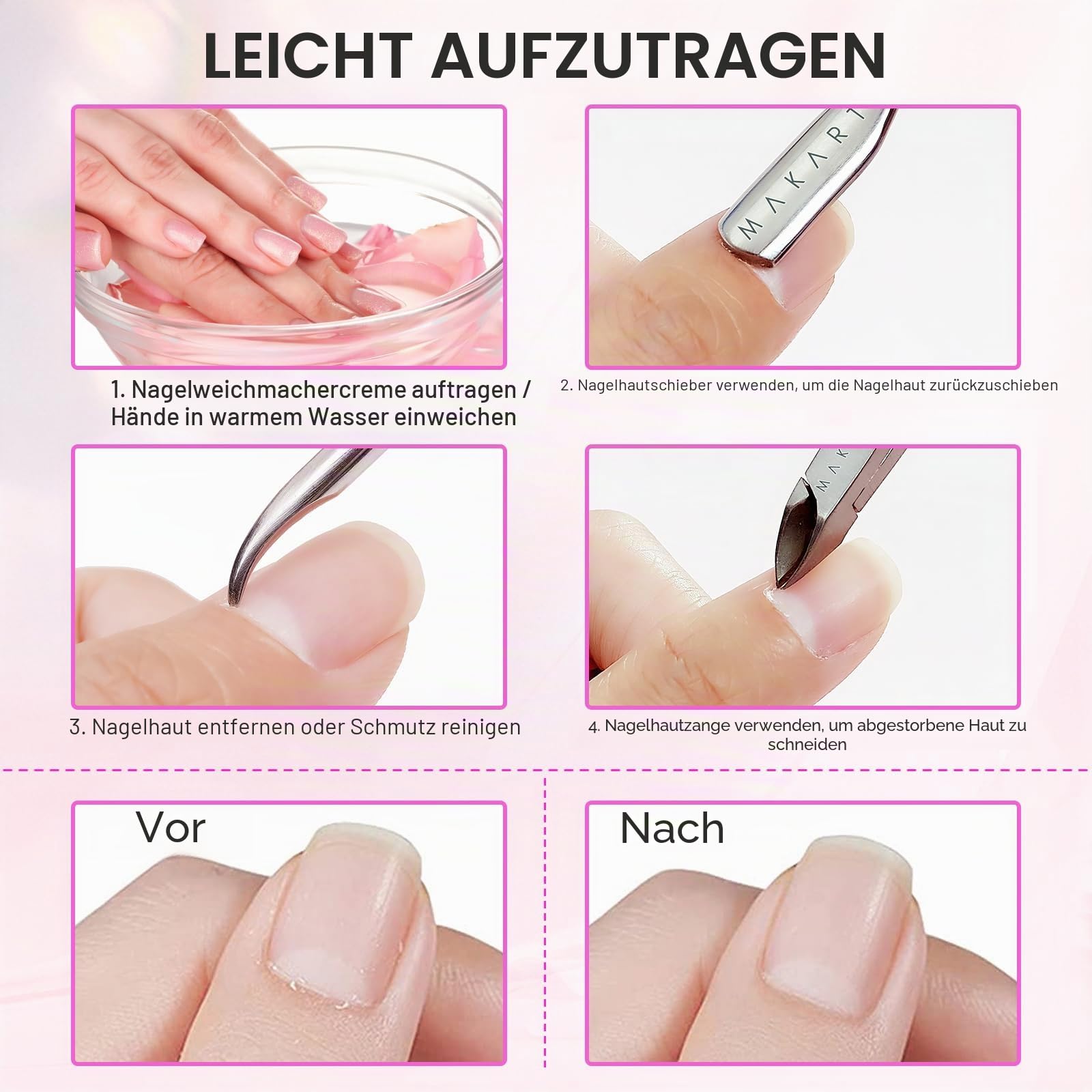 Makartt Nagelhautzange mit nagelhautentferner - 3 Pcs Rosa Cuticle Remover Tool, Professionelle nagelhautschere set mit Edelstahl-Nagelhaut Trimmer, Doppelend Nagelhautschieber und Nagelschaber
