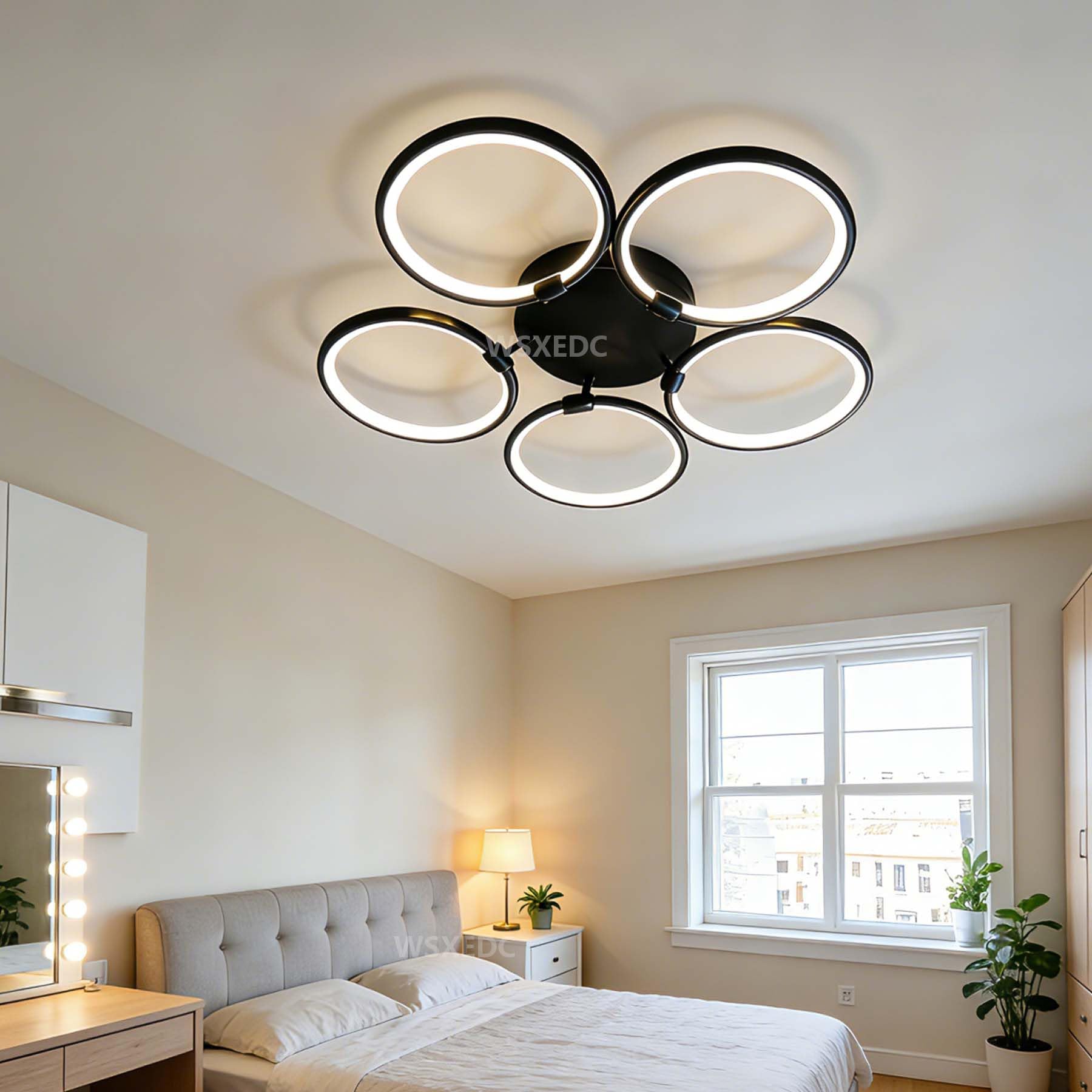 WSXEDC LED Ceiling Lamp 5ring Black DIY Ceiling Light Ø70cm Living Room Lamp 55W Modern Dimmable LED Bedroom Ceiling Light for Living Room Office Dining Room Teenager's Room Bedroom