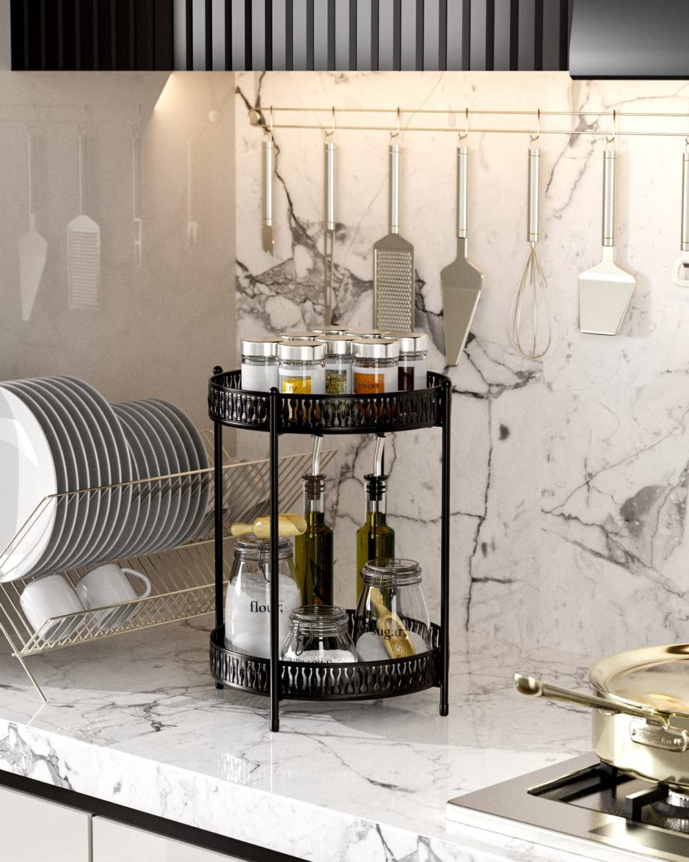 EKNITEY Mensola Portaoggetti 2 Ripiani In Metallo Nero – Organizer Multiuso Per Bagno, Cucina, Trucchi, Profumi, Ufficio – Dimensioni 14,2x5,5x13 Cm - 4