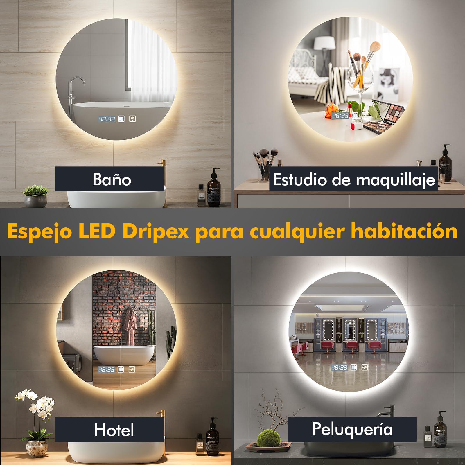 Espejo de Baño Iluminado con LED 60 x 60 cm,Espejo Baño LED Antivaho,Espejos Bano con Luz Regulable de 3 Colores,Ajuste de Brillo, Interruptor Táctil, Espejos de Bano con Luz LED Retroiluminadas