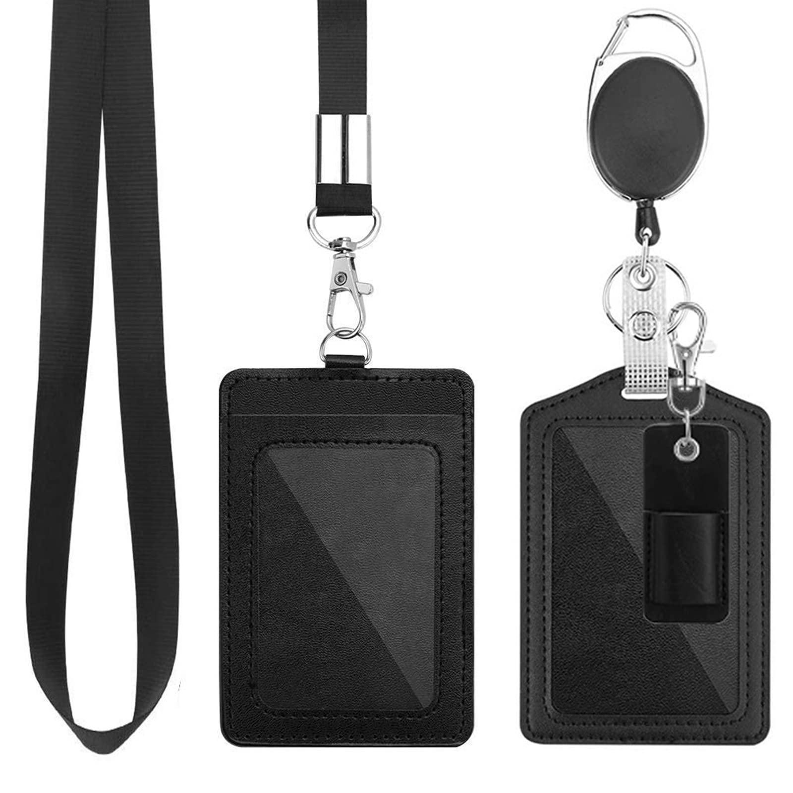 Excefore Office Badge Holder, Vertical PU Leather ID Badge Card Holder with 1 Clear ID Window, with Detachable Neck Lanyard Strap, Retractable Badge Reel ID Card Holders Set and Pen Case
