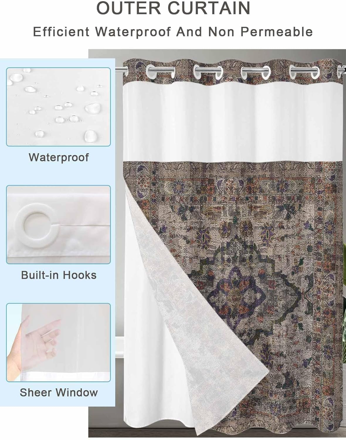 No Hook Shower Curtains with Snap-in Liner Set, Boho Vintage Waterproof Hotel Bathroom Shower Curtain, Modern Geometric Abstract Art Retro Flowers Breathable Mesh Top Window Bath Curtains 72''x84''