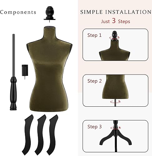 Miniatura 5 de Encomle Vestido verde forma de maniquí femenino Torso, cuerpo de maniquí ajustable en altura con soporte para costura, exhibición, beige