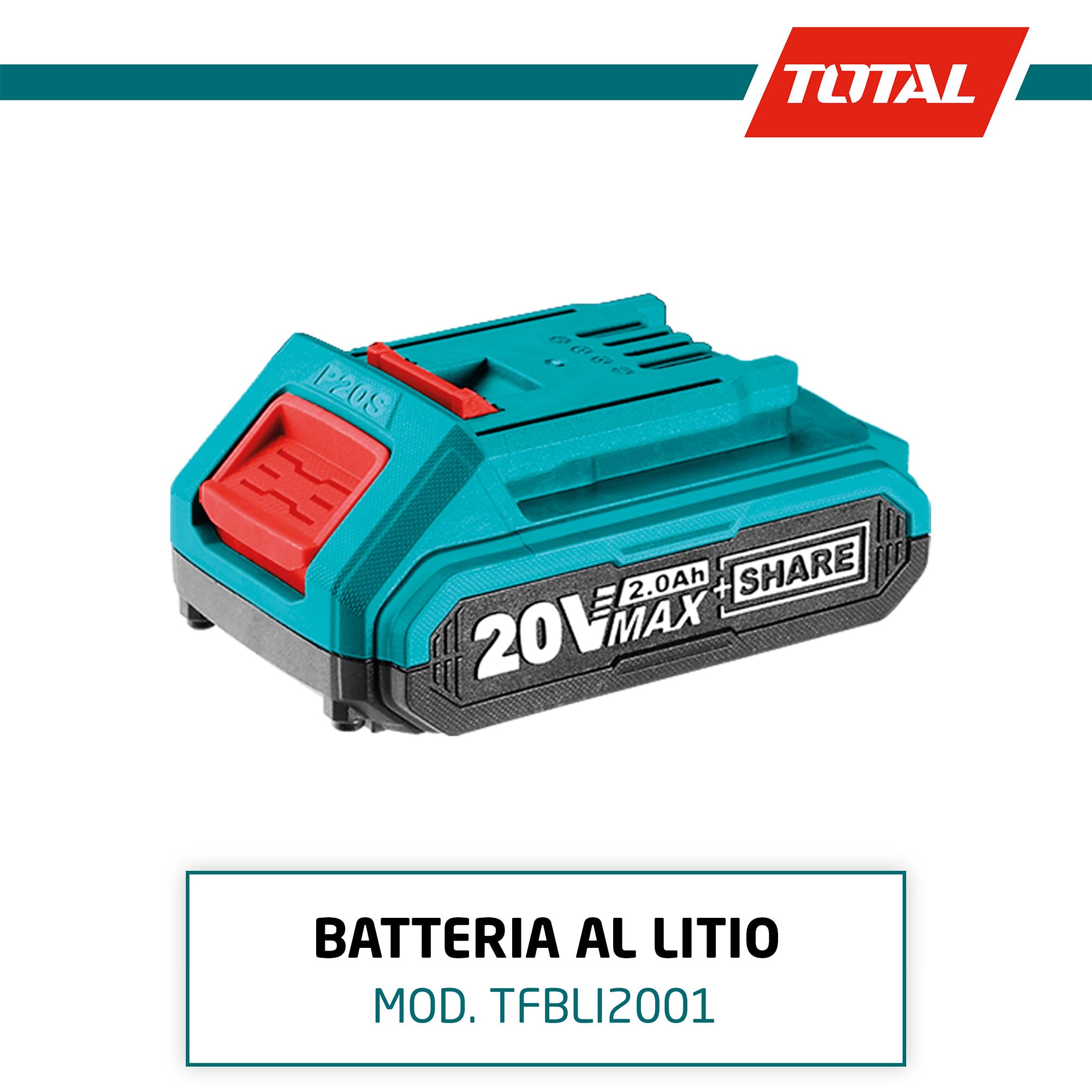 TOTAL - Batteria 2Ah 20V Compatibile con Corda Tapparelle 20mm, Uso Domestico, Leggera, per Cestino 12L, Cinghia Beige