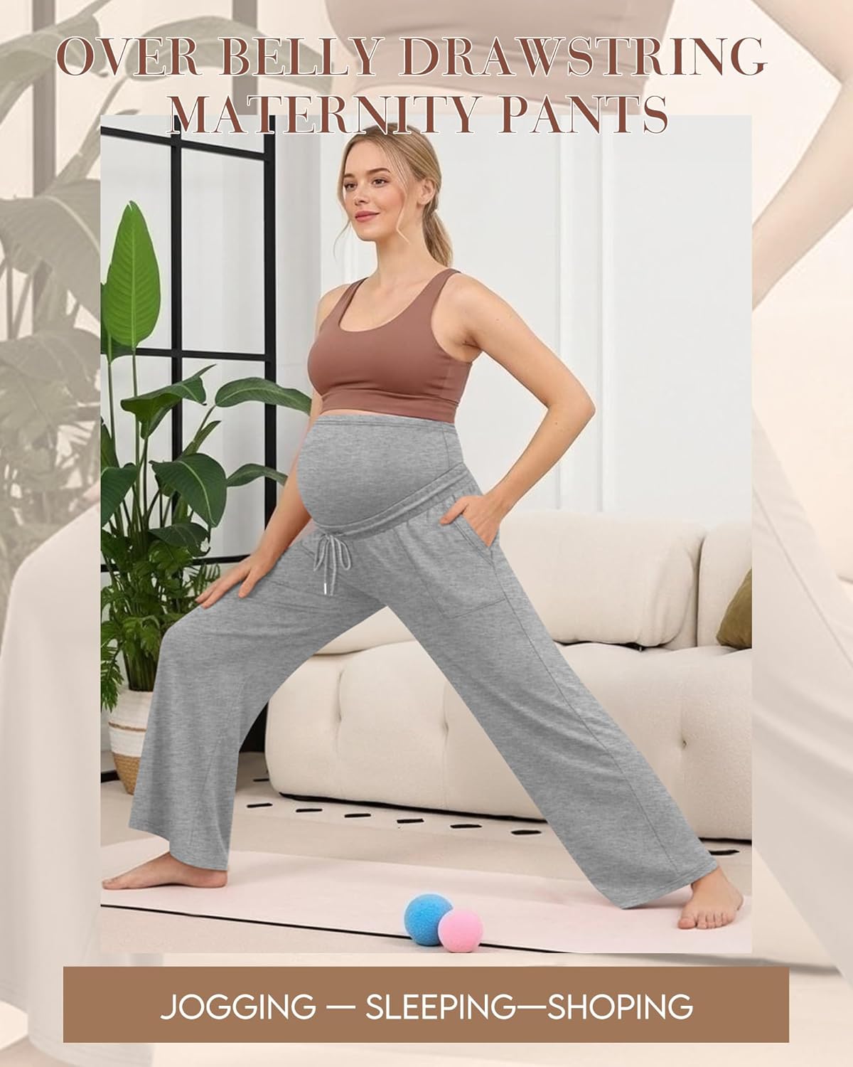 3 Pack Women's Maternity Pants Wide Leg Lounge Over The Belly Loose Drawstring Casual Pregnancy Pants with Pockets - Image 5